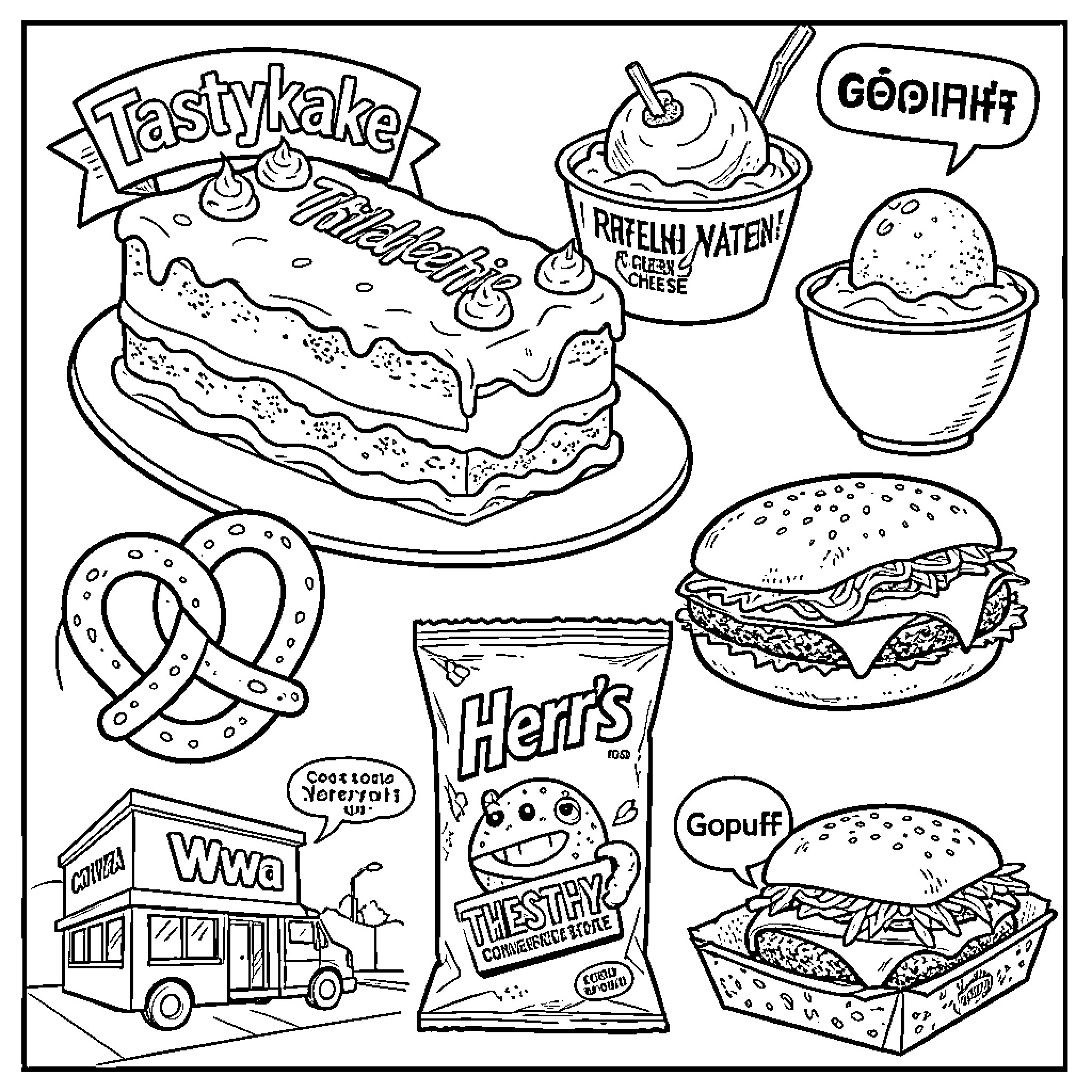 Food items and snacks arranged in various scenes Coloring Page (free black-and-white line drawing printable PDF for all, from beginners to advanced learners, including children, teens, adults, and seniors)