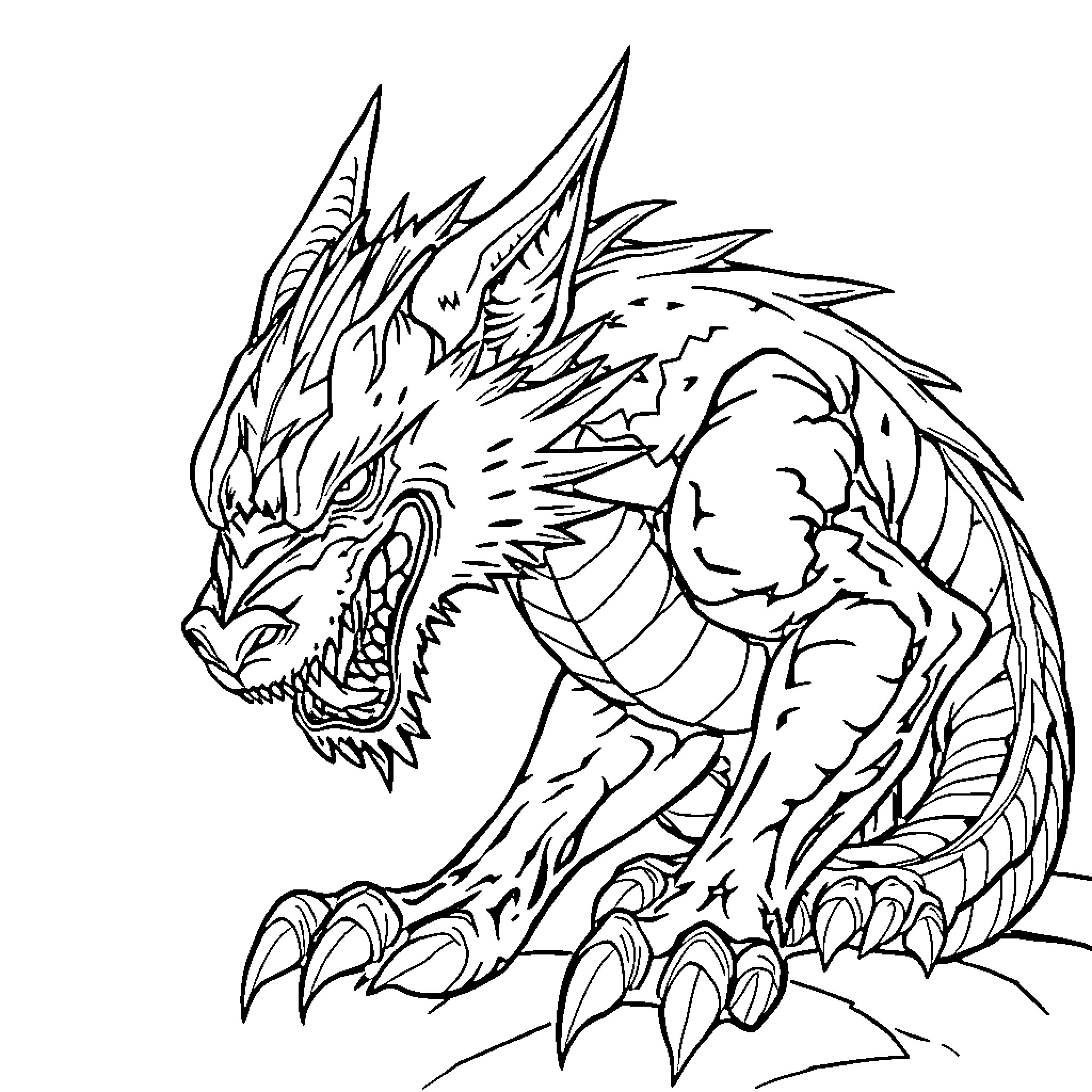 Wolf Dragon roaring menacingly with sharp claws Coloring Page (free black-and-white line drawing printable PDF for all, from beginners to advanced learners, including children, teens, adults, and seniors)