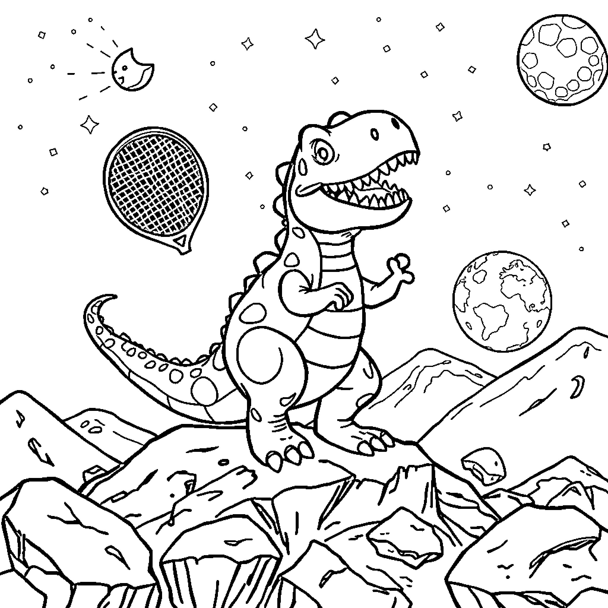 Dinosaur playing tennis in outer space Coloring Page (free black-and-white line drawing printable PDF for all, from beginners to advanced learners, including children, teens, adults, and seniors)