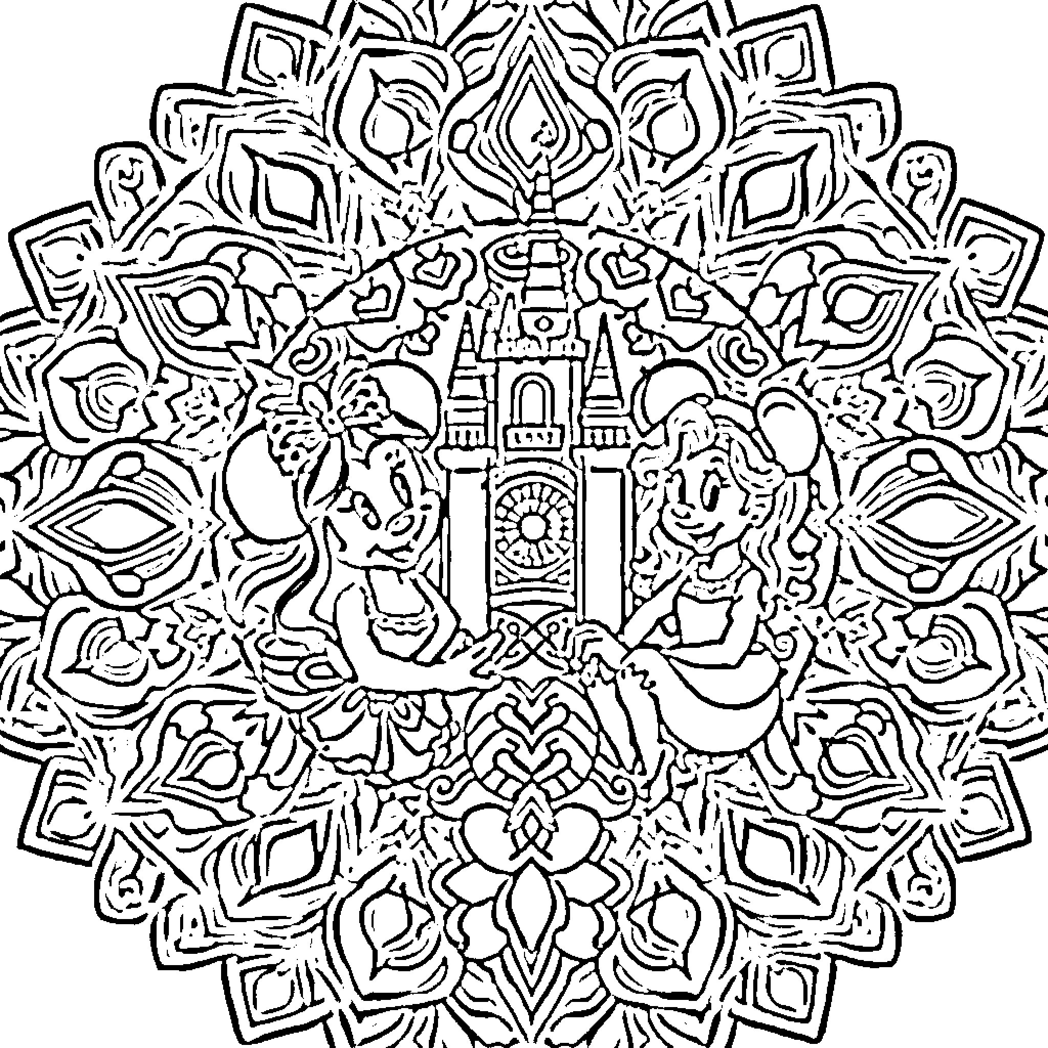 Disney Mandala with Iconic Characters and Scenes Coloring Page (free black-and-white line drawing printable PDF for all, from beginners to advanced learners, including children, teens, adults, and seniors)