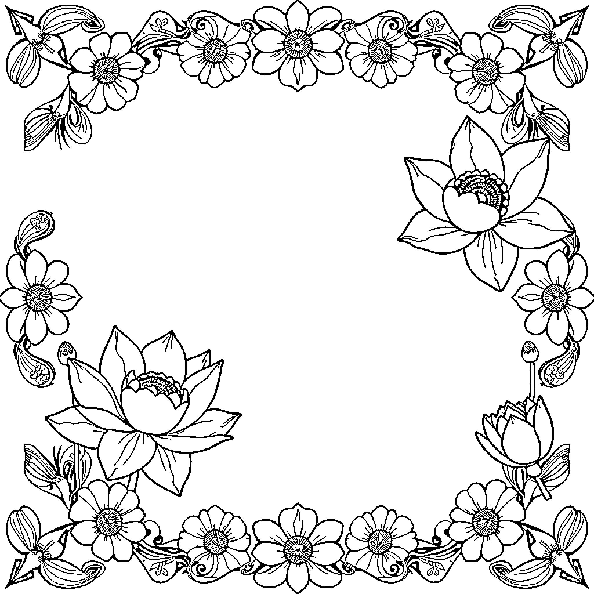 Lotus Flowers Forming a Decorative Frame Coloring Page (free black-and-white line drawing printable PDF for all, from beginners to advanced learners, including children, teens, adults, and seniors)
