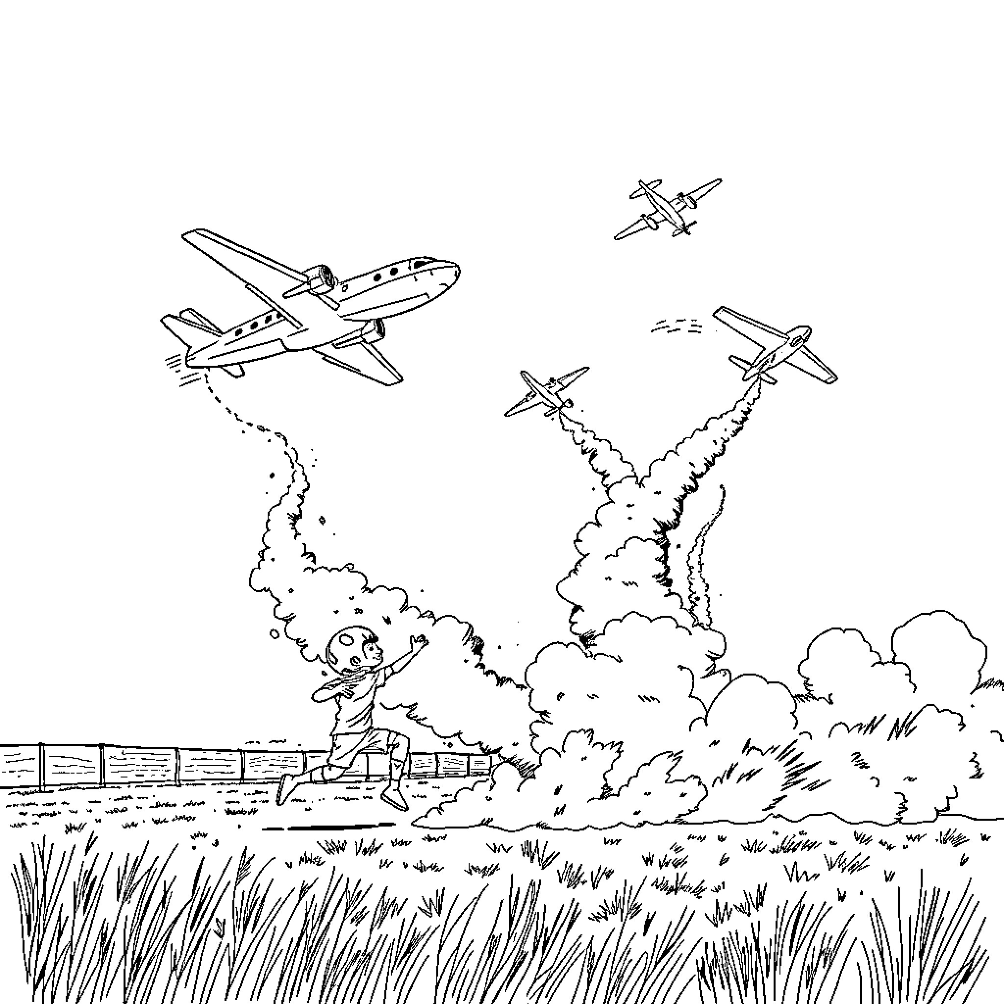 Plane flyover with explosive smoke trail in rural landscape Coloring Page (free black-and-white line drawing printable PDF for all, from beginners to advanced learners, including children, teens, adults, and seniors)