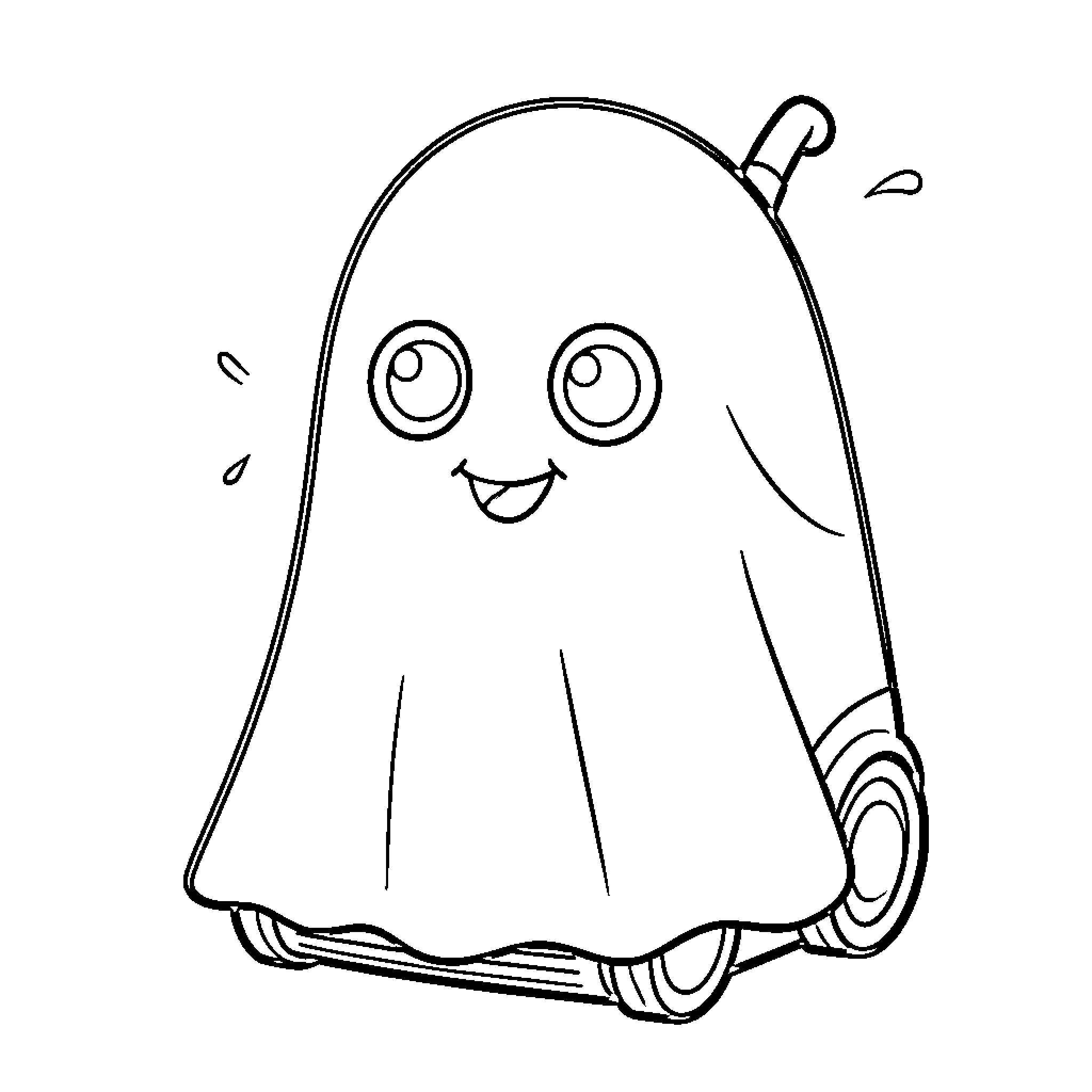 Ghost Vacuum smiling with large expressive eyes Coloring Page (free black-and-white line drawing printable PDF for all, from beginners to advanced learners, including children, teens, adults, and seniors)