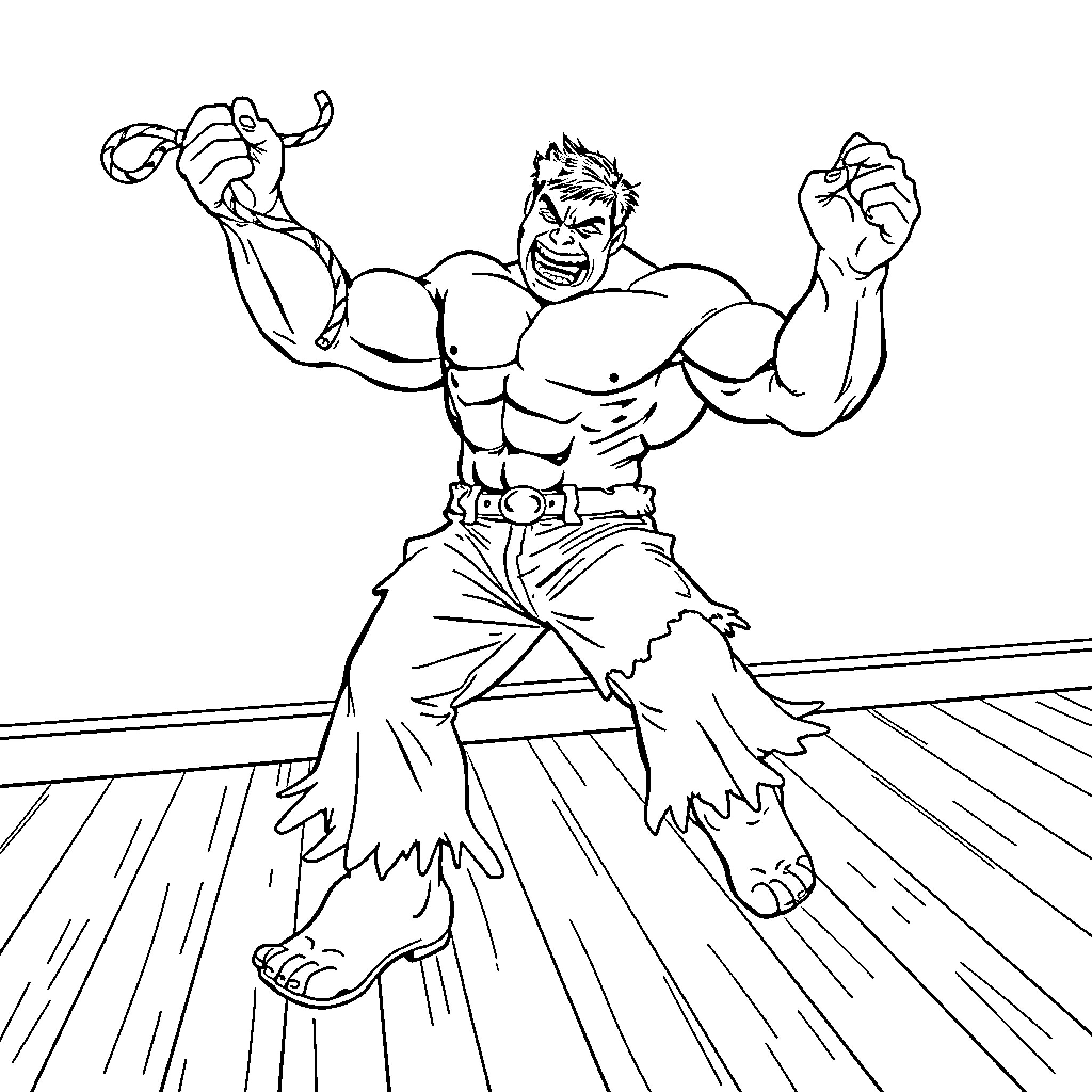 Hulk flexing muscles in an action-packed scene Coloring Page (free black-and-white line drawing printable PDF for all, from beginners to advanced learners, including children, teens, adults, and seniors)