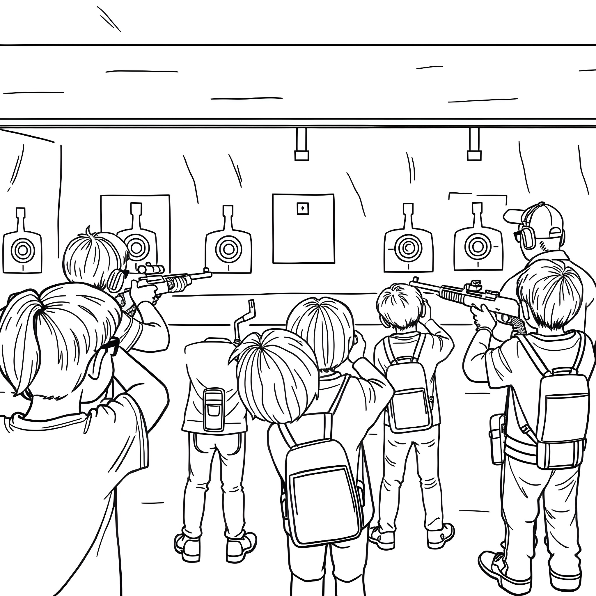 Kids shooting guns at target range Coloring Page (free black-and-white line drawing printable PDF for all, from beginners to advanced learners, including children, teens, adults, and seniors)