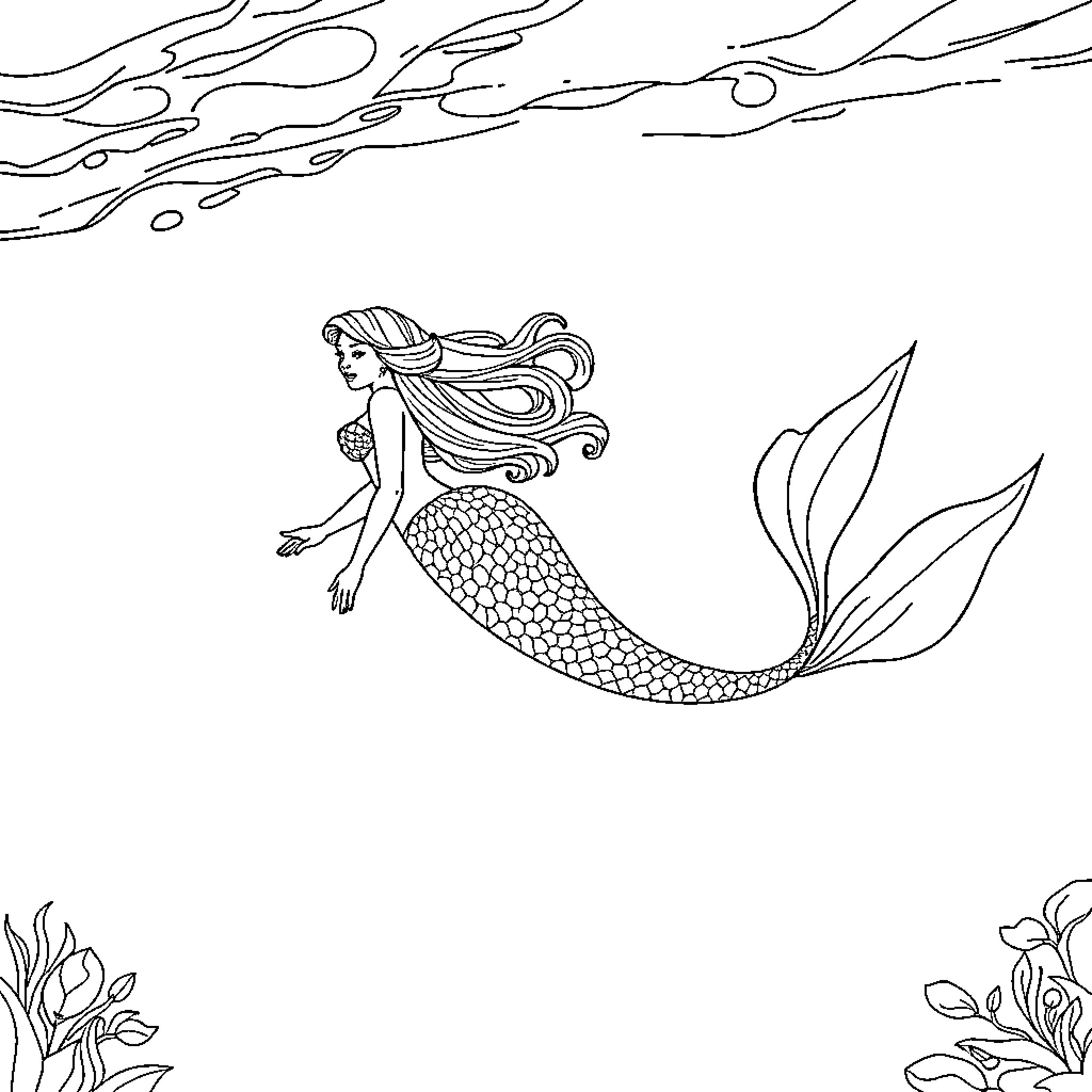 Mermaid swimming gracefully through the waves Coloring Page (free black-and-white line drawing printable PDF for all, from beginners to advanced learners, including children, teens, adults, and seniors)