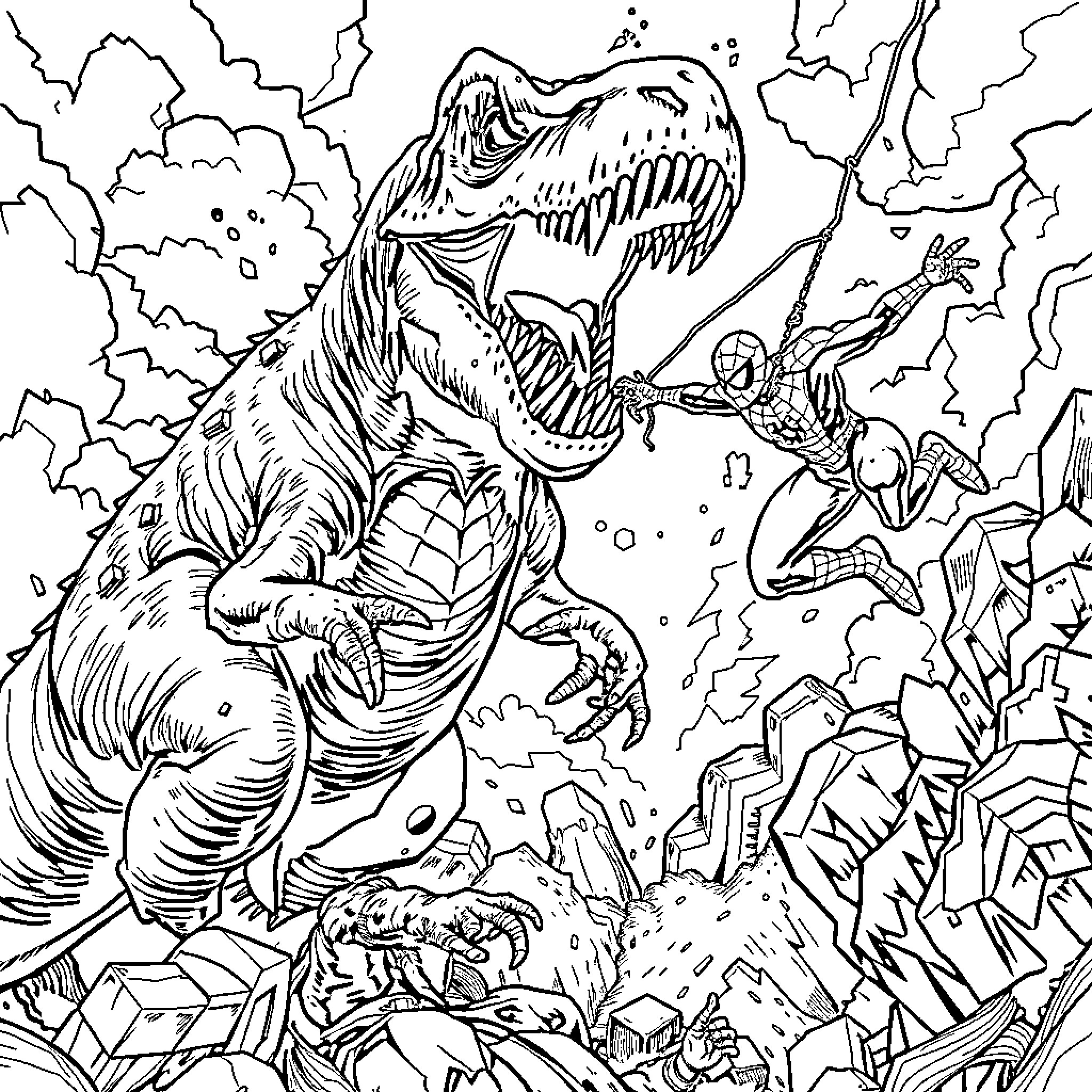 Dino Mayhem: Fierce Dinosaur Attacks Superhero in Chaotic Scene Coloring Page (free black-and-white line drawing printable PDF for all, from beginners to advanced learners, including children, teens, adults, and seniors)