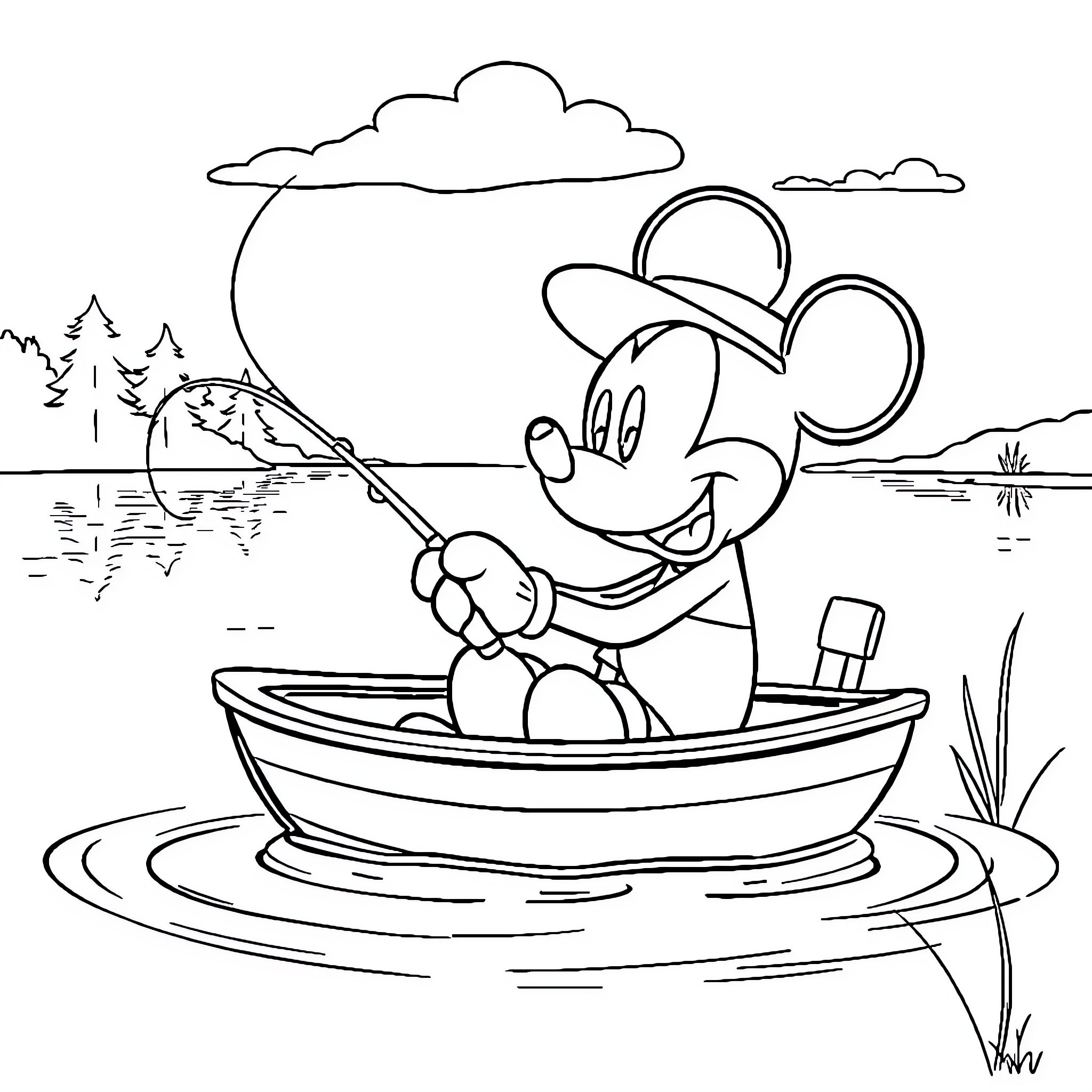 Mickey Mouse fishing in a boat on the lake Coloring Page (free black-and-white line drawing printable PDF for all, from beginners to advanced learners, including children, teens, adults, and seniors)