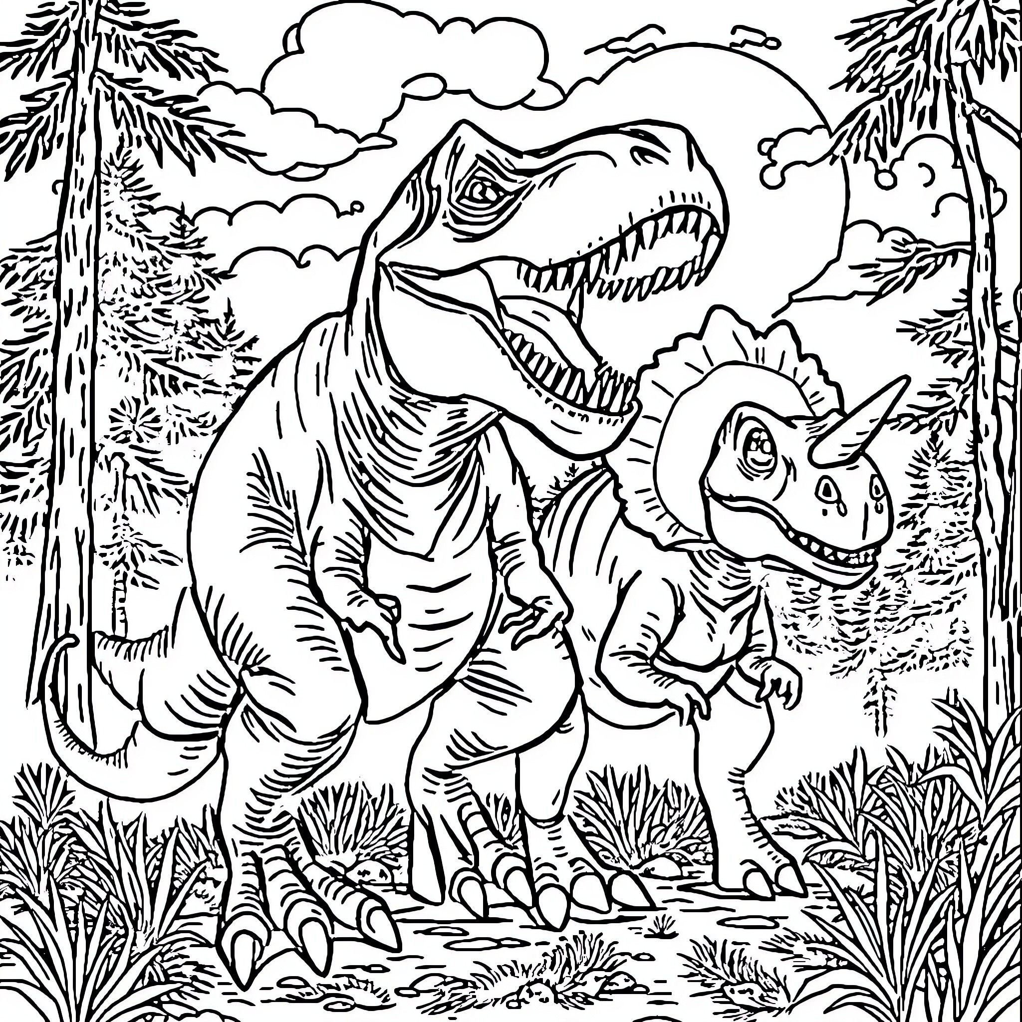Dinosaurs Roaming Prehistoric Landscape Coloring Page (free black-and-white line drawing printable PDF for all, from beginners to advanced learners, including children, teens, adults, and seniors)