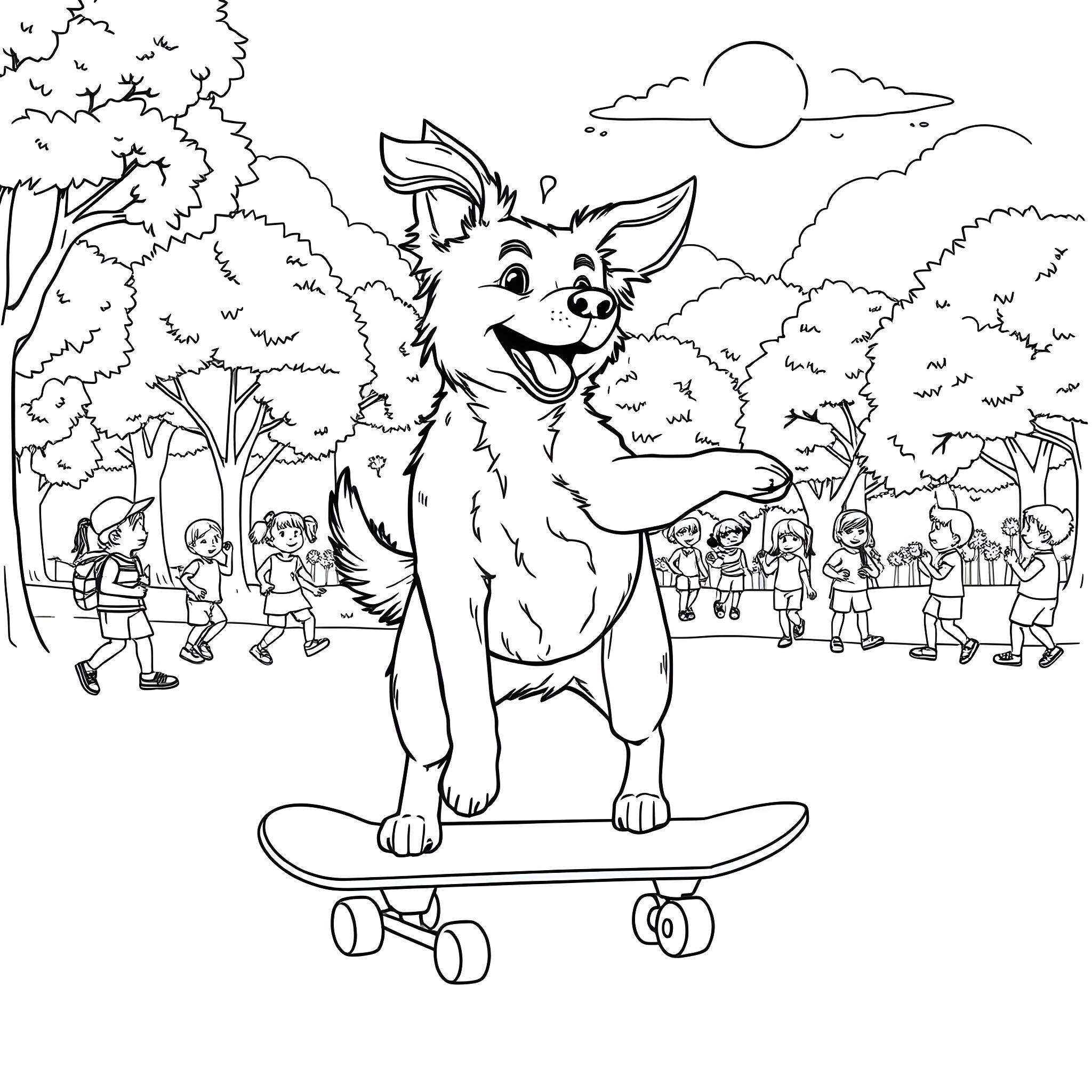 Dog skateboarding with children in the park Coloring Page (free black-and-white line drawing printable PDF for all, from beginners to advanced learners, including children, teens, adults, and seniors)