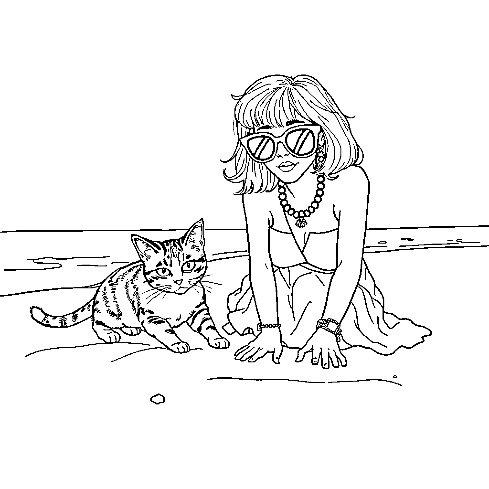 Calico Cat and Woman Enjoying the Beach Coloring Page (free black-and-white line drawing printable PDF for all, from beginners to advanced learners, including children, teens, adults, and seniors)