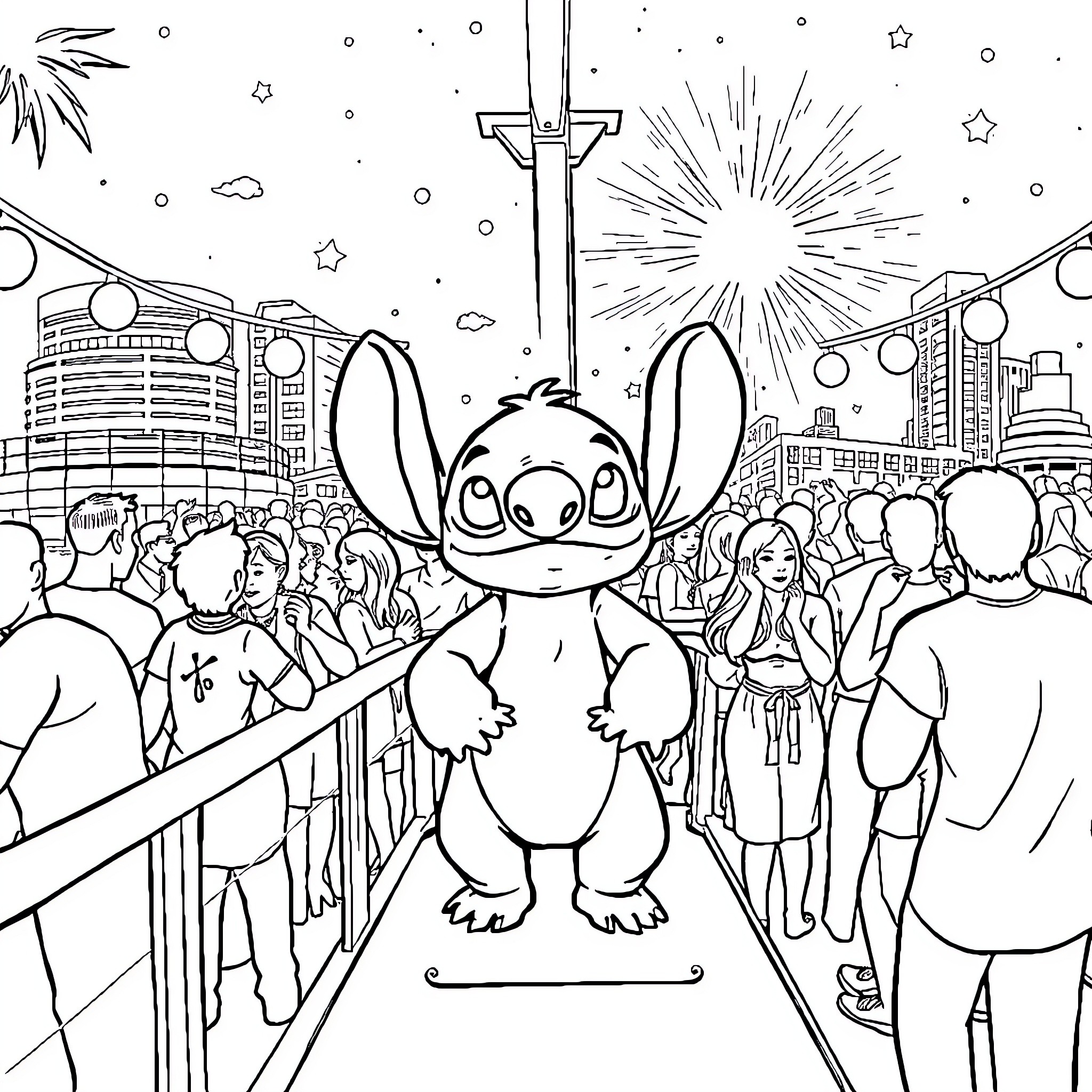 Stitch Enjoying the Lively City Celebration Coloring Page (free black-and-white line drawing printable PDF for all, from beginners to advanced learners, including children, teens, adults, and seniors)