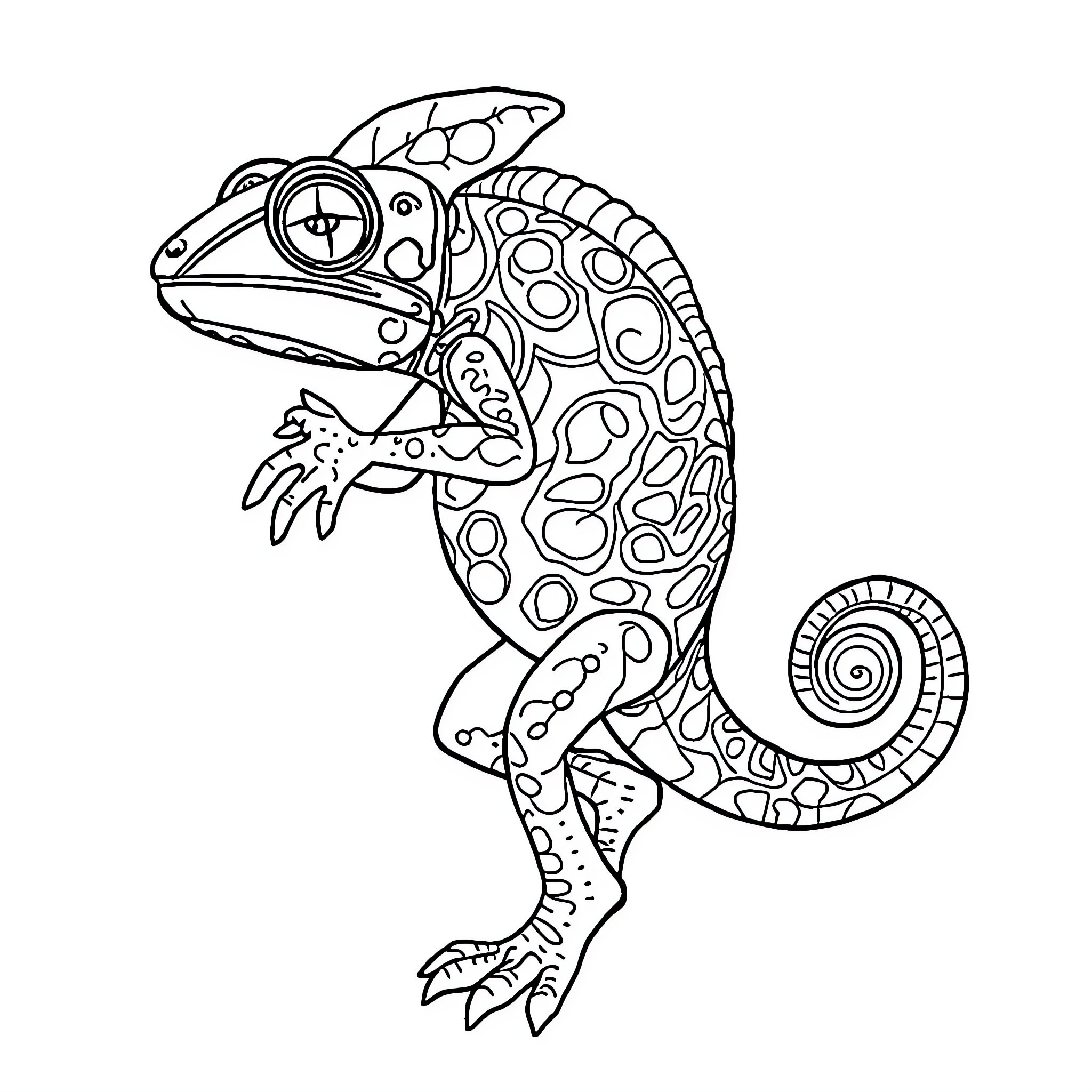 Chameleon with intricate patterned design Coloring Page (free black-and-white line drawing printable PDF for all, from beginners to advanced learners, including children, teens, adults, and seniors)
