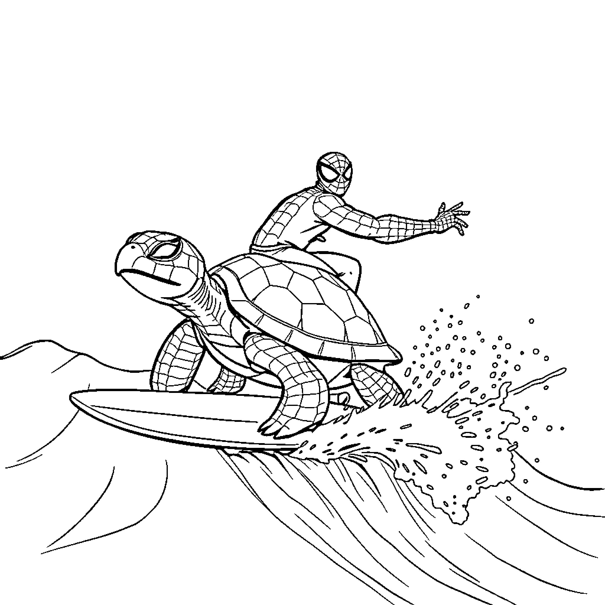 Spiderman surfing with a turtle on the waves Coloring Page (free black-and-white line drawing printable PDF for all, from beginners to advanced learners, including children, teens, adults, and seniors)