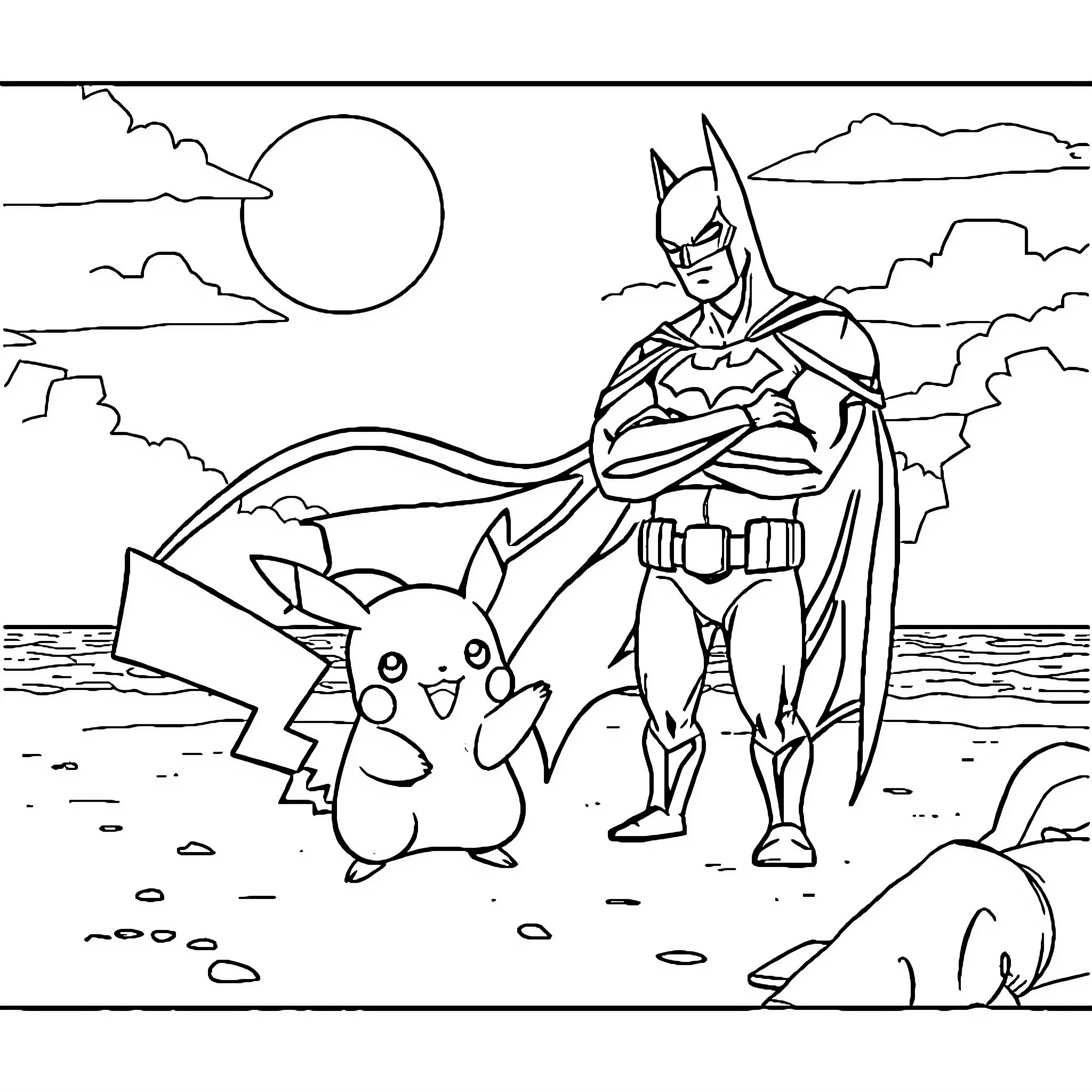 Pikachu and Batman on a Beach Adventure Coloring Page (free black-and-white line drawing printable PDF for all, from beginners to advanced learners, including children, teens, adults, and seniors)