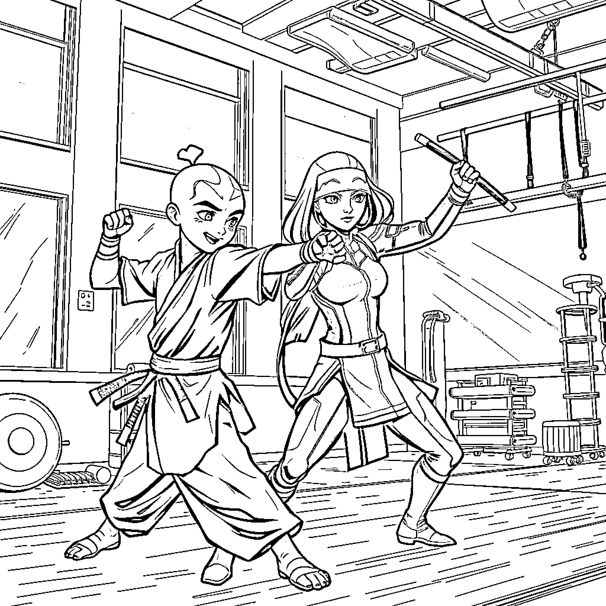 Ang Warrior Siblings Engage in Heroic Combat Coloring Page (free black-and-white line drawing printable PDF for all, from beginners to advanced learners, including children, teens, adults, and seniors)