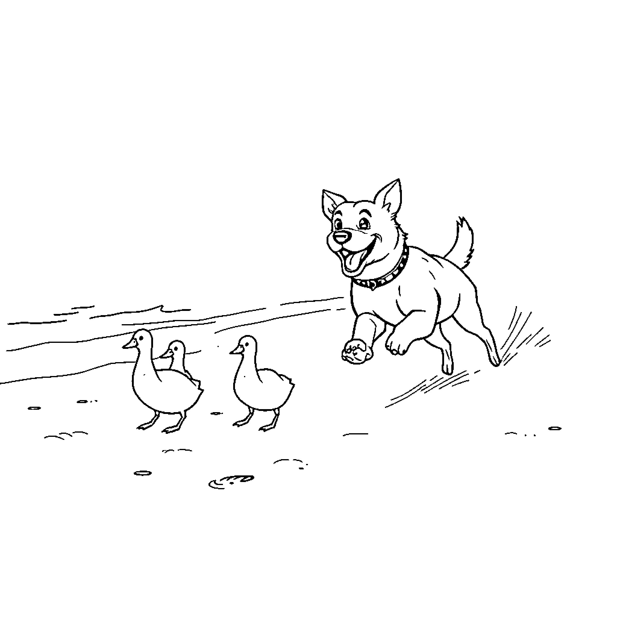 Dog chasing playful ducks in a field Coloring Page (free black-and-white line drawing printable PDF for all, from beginners to advanced learners, including children, teens, adults, and seniors)