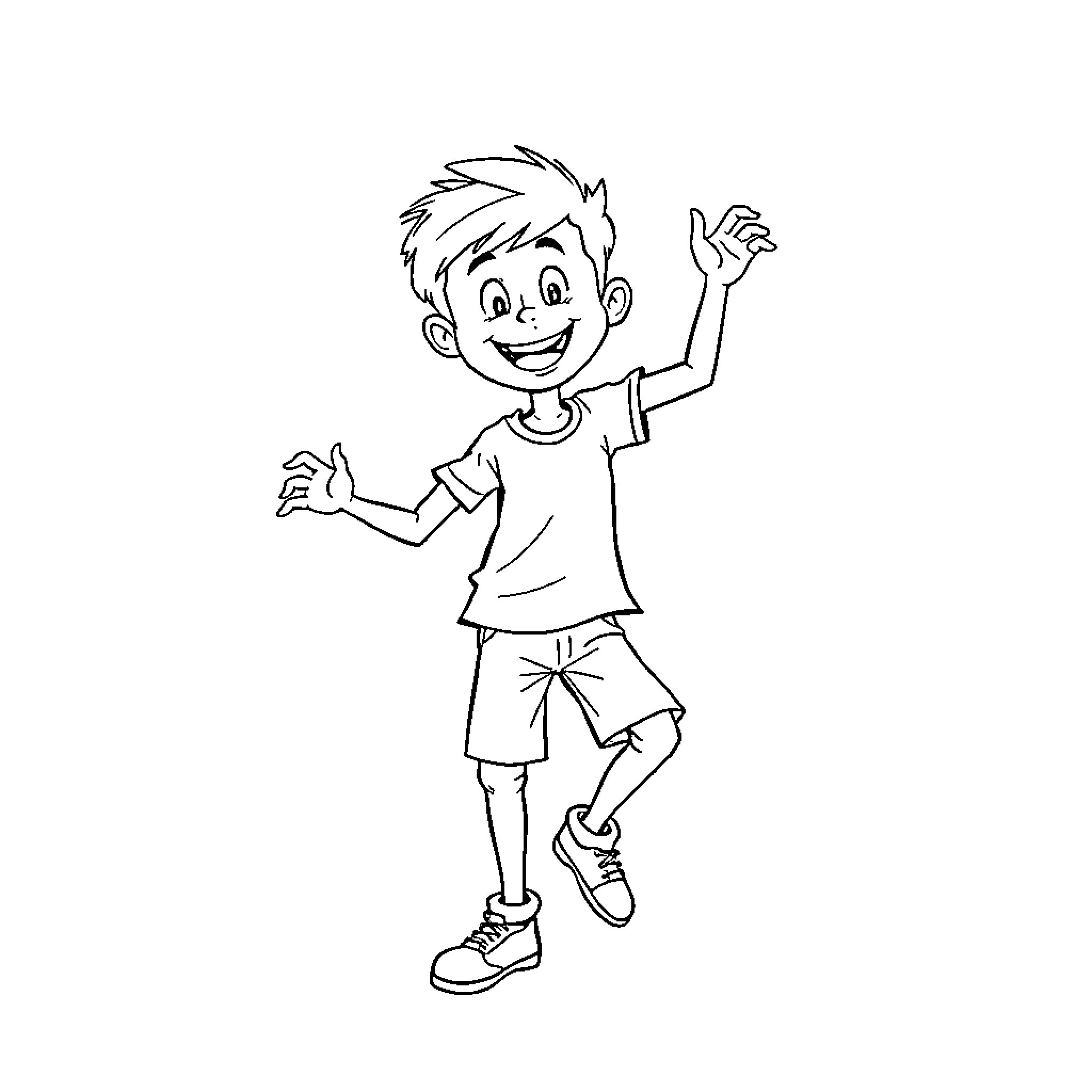 Boy enthusiastically gesturing and smiling Coloring Page (free black-and-white line drawing printable PDF for all, from beginners to advanced learners, including children, teens, adults, and seniors)