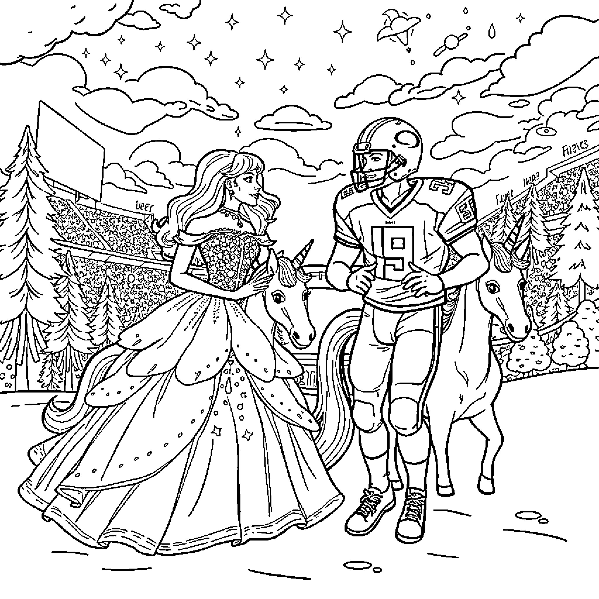 Princess and Football Player Exploring Snowy Landscape Coloring Page (free black-and-white line drawing printable PDF for all, from beginners to advanced learners, including children, teens, adults, and seniors)