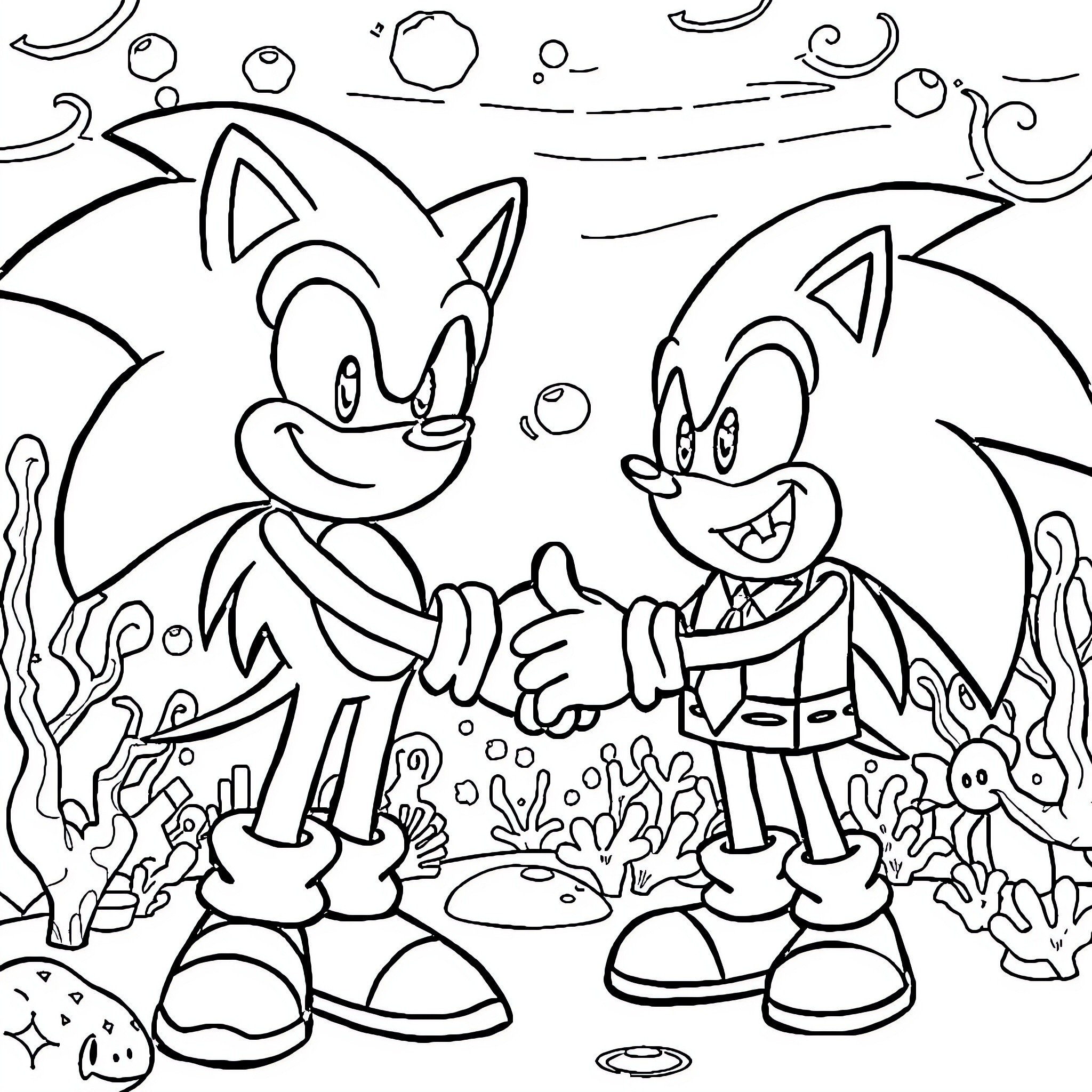 Sonic Characters in Whimsical Underwater Scene Coloring Page (free black-and-white line drawing printable PDF for all, from beginners to advanced learners, including children, teens, adults, and seniors)