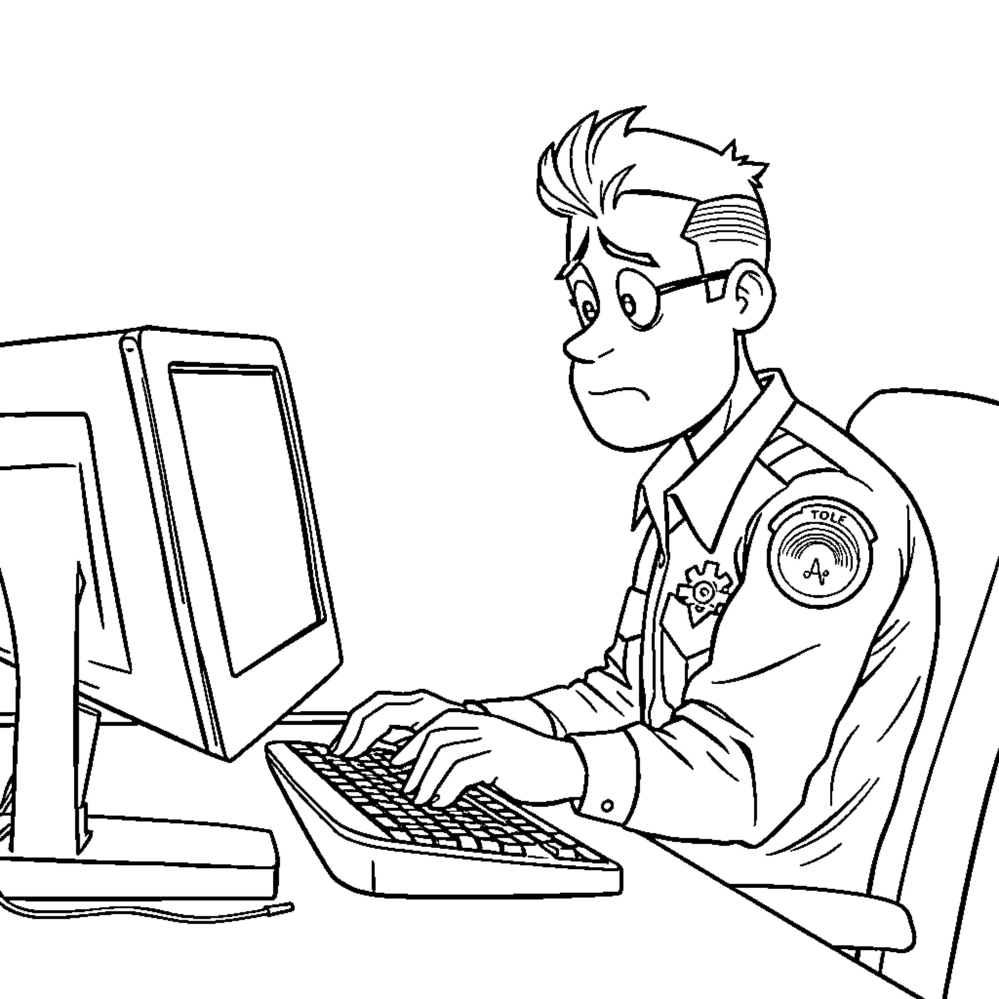 Police Officer Diligently Working on Computer Coloring Page (free black-and-white line drawing printable PDF for all, from beginners to advanced learners, including children, teens, adults, and seniors)