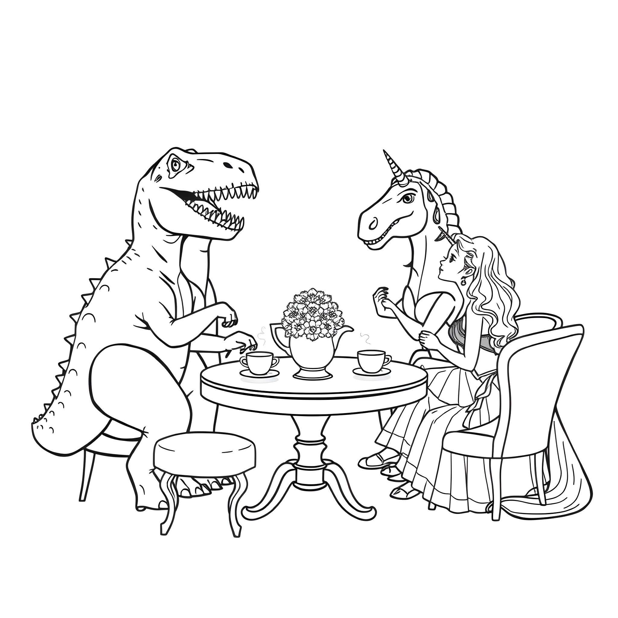 Princess and her unicorn friend enjoying tea time Coloring Page (free black-and-white line drawing printable PDF for all, from beginners to advanced learners, including children, teens, adults, and seniors)