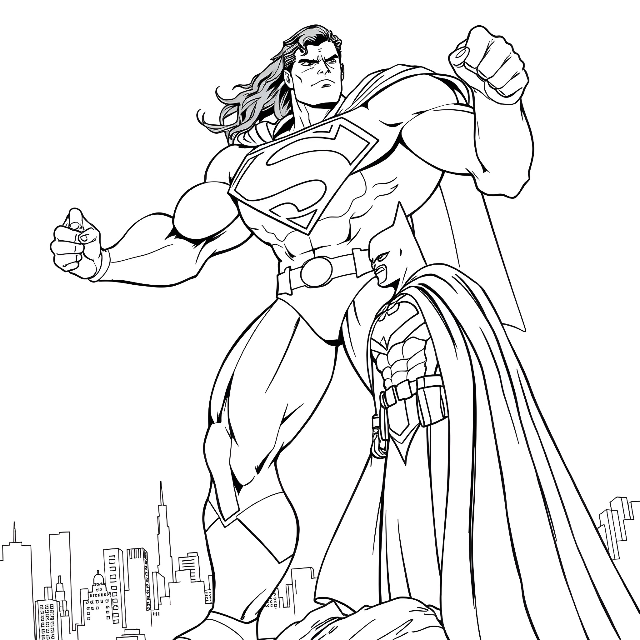Superman saving the city with powerful pose Coloring Page (free black-and-white line drawing printable PDF for all, from beginners to advanced learners, including children, teens, adults, and seniors)