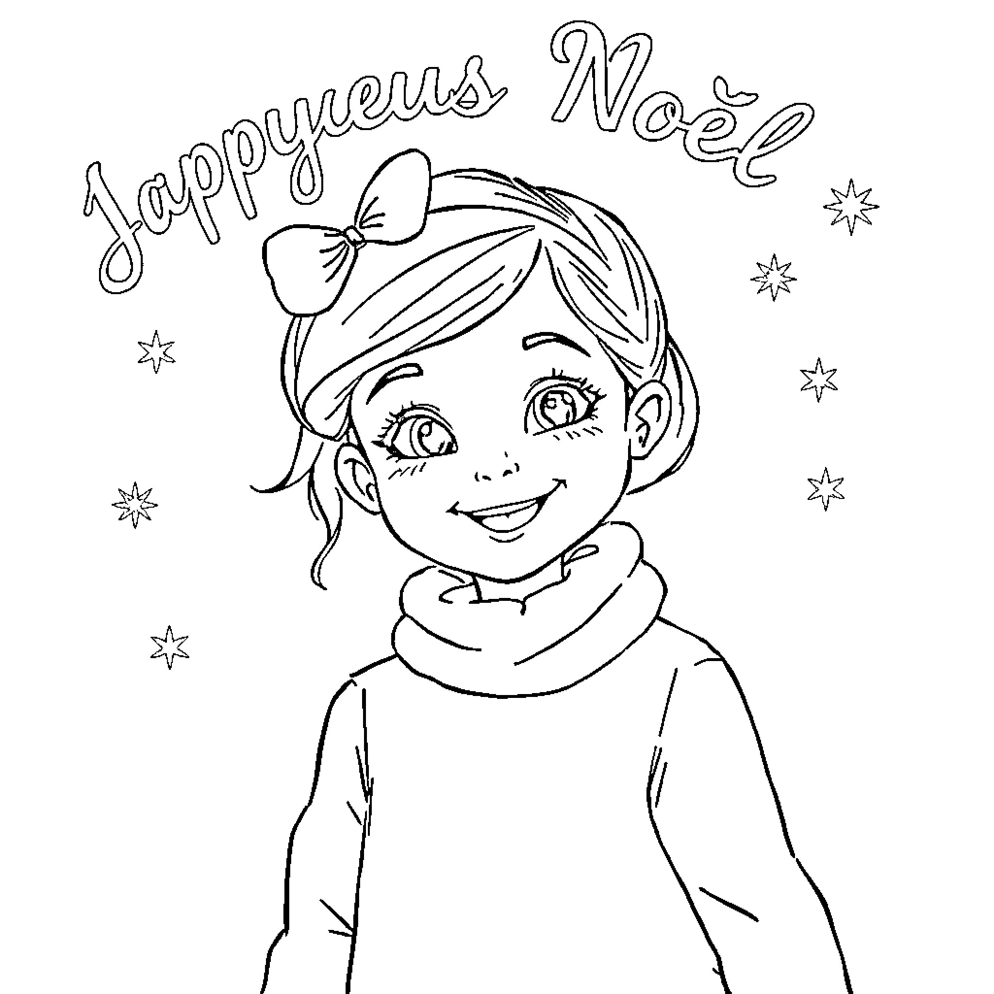 Girl happily smiling in winter attire Coloring Page (free black-and-white line drawing printable PDF for all, from beginners to advanced learners, including children, teens, adults, and seniors)