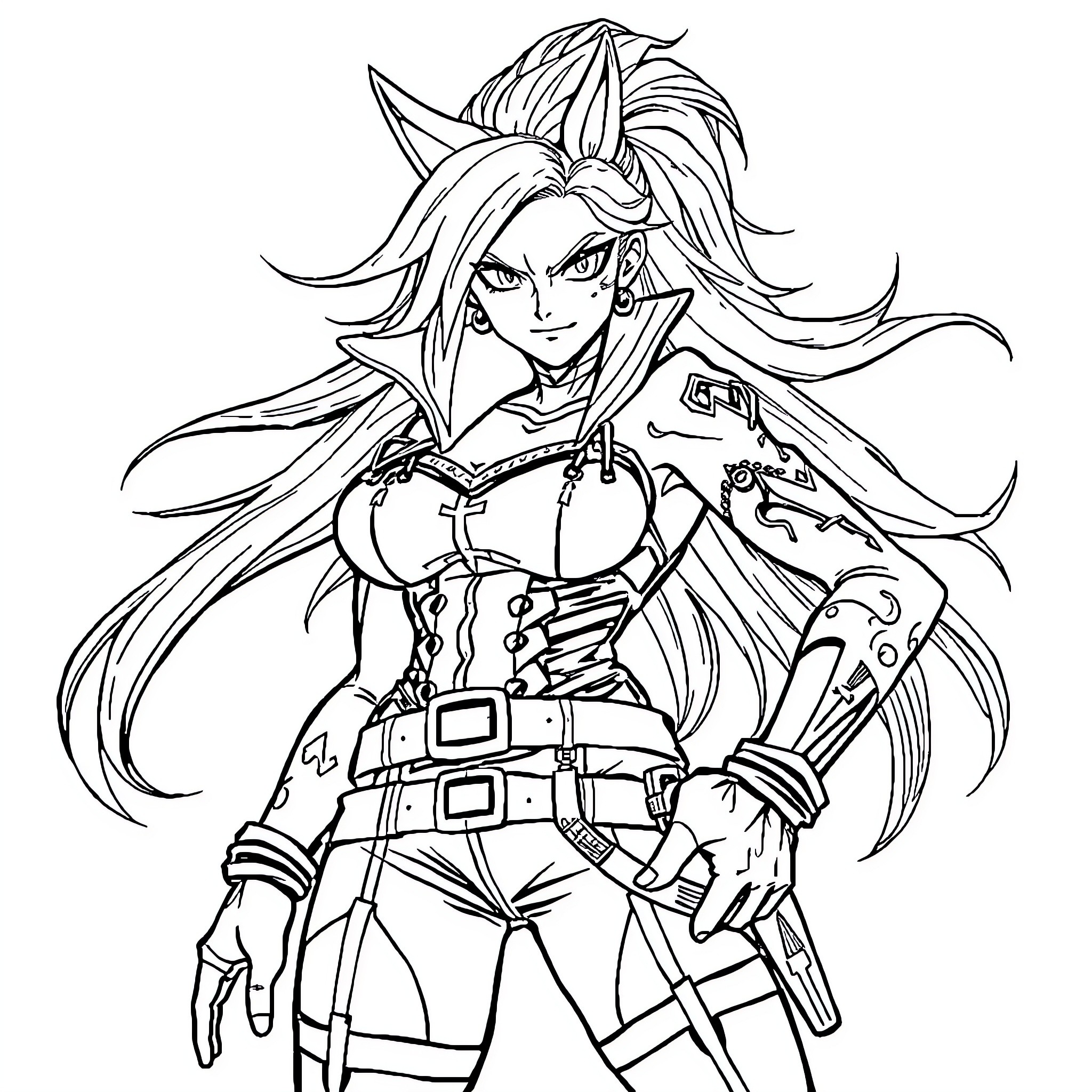 Baiken in fierce combat pose with long flowing hair Coloring Page (free black-and-white line drawing printable PDF for all, from beginners to advanced learners, including children, teens, adults, and seniors)