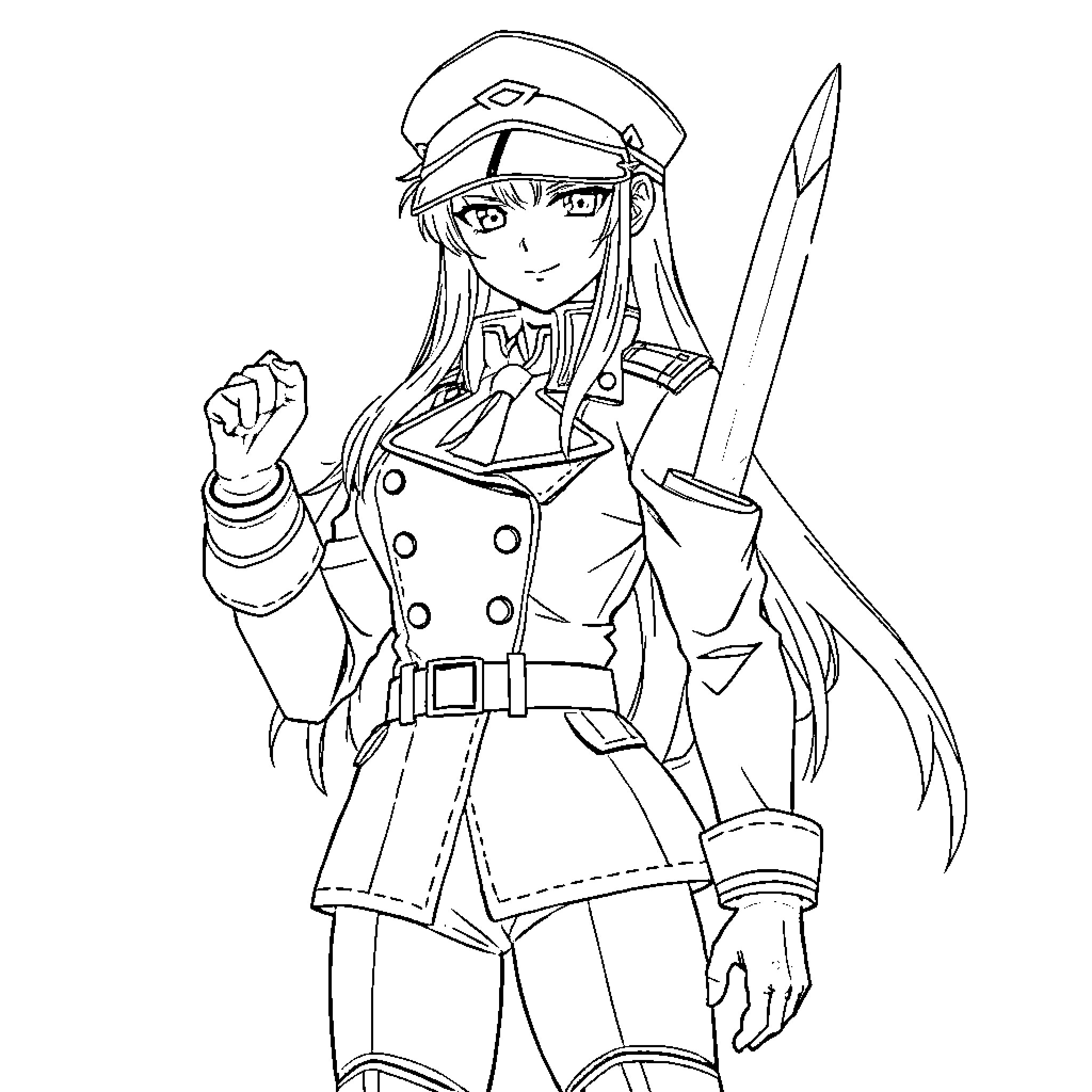Esdeath in Authoritative Pose with Sword Coloring Page (free black-and-white line drawing printable PDF for all, from beginners to advanced learners, including children, teens, adults, and seniors)