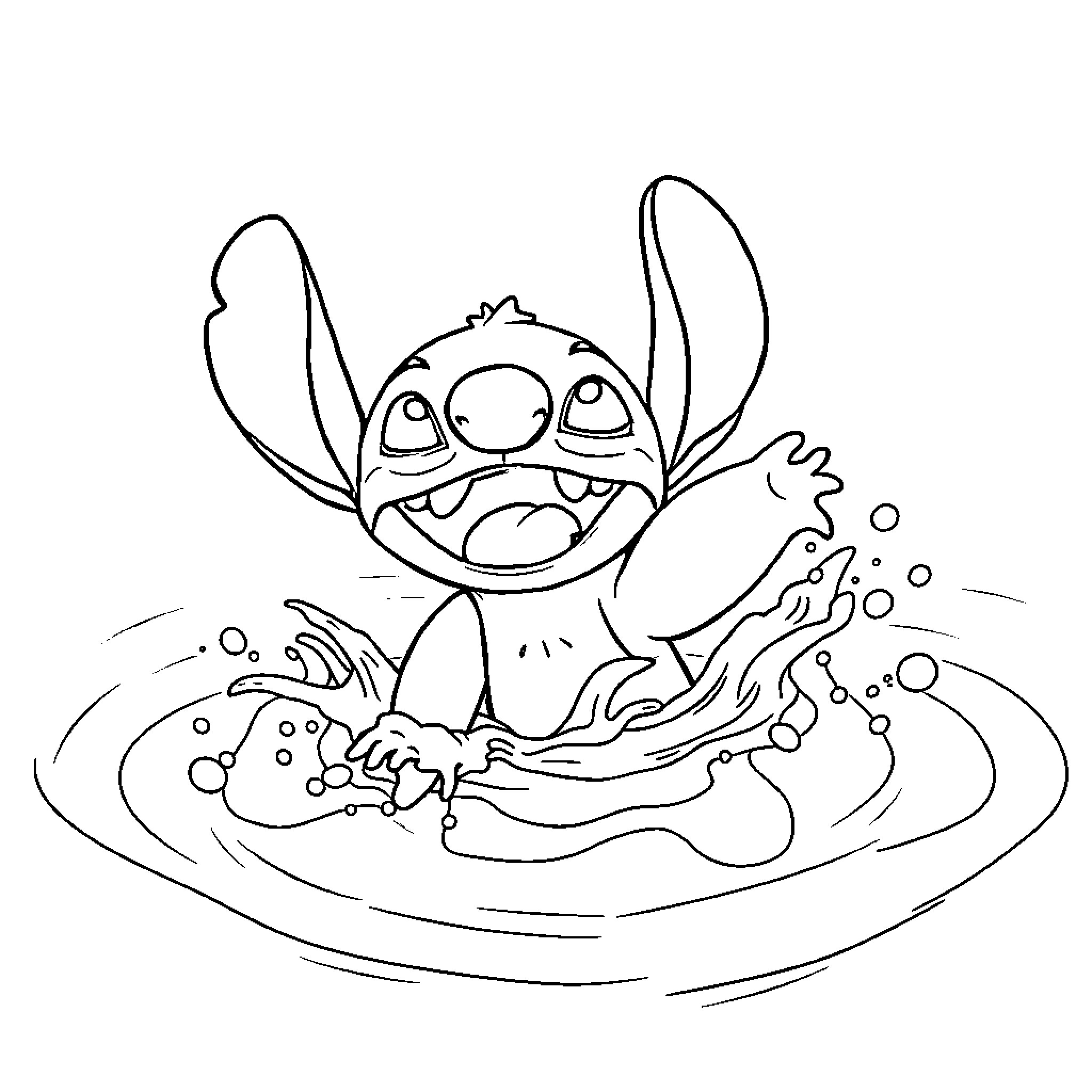 Stitch playing happily in the water Coloring Page (free black-and-white line drawing printable PDF for all, from beginners to advanced learners, including children, teens, adults, and seniors)