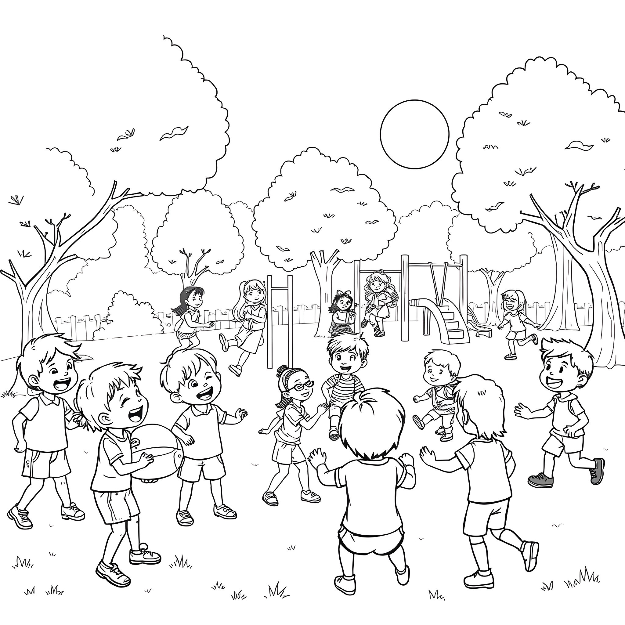 Kid playing with friends at the park Coloring Page (free black-and-white line drawing printable PDF for all, from beginners to advanced learners, including children, teens, adults, and seniors)