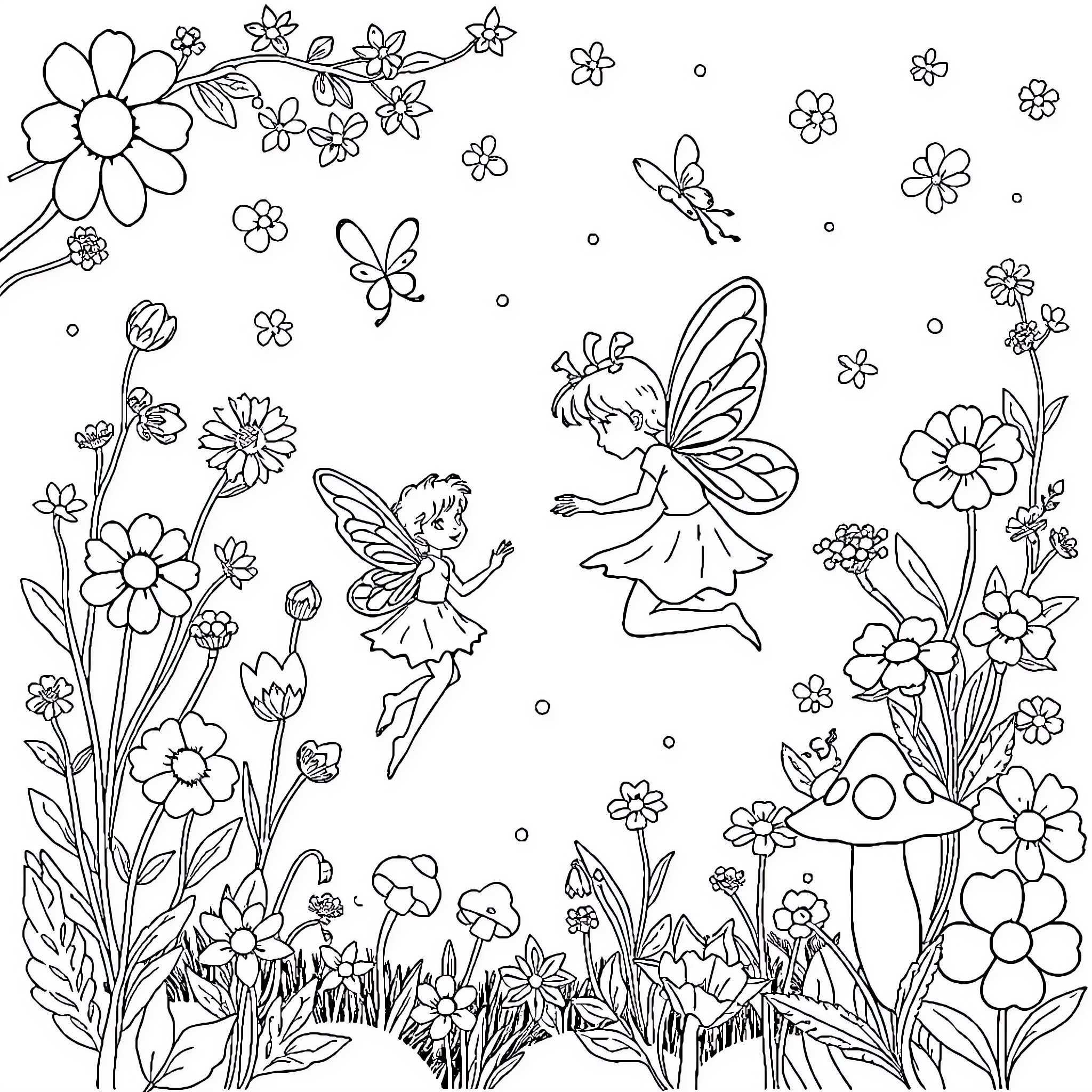 Fairy Wonderland with Playful Fairies and Flowers Coloring Page (free black-and-white line drawing printable PDF for all, from beginners to advanced learners, including children, teens, adults, and seniors)