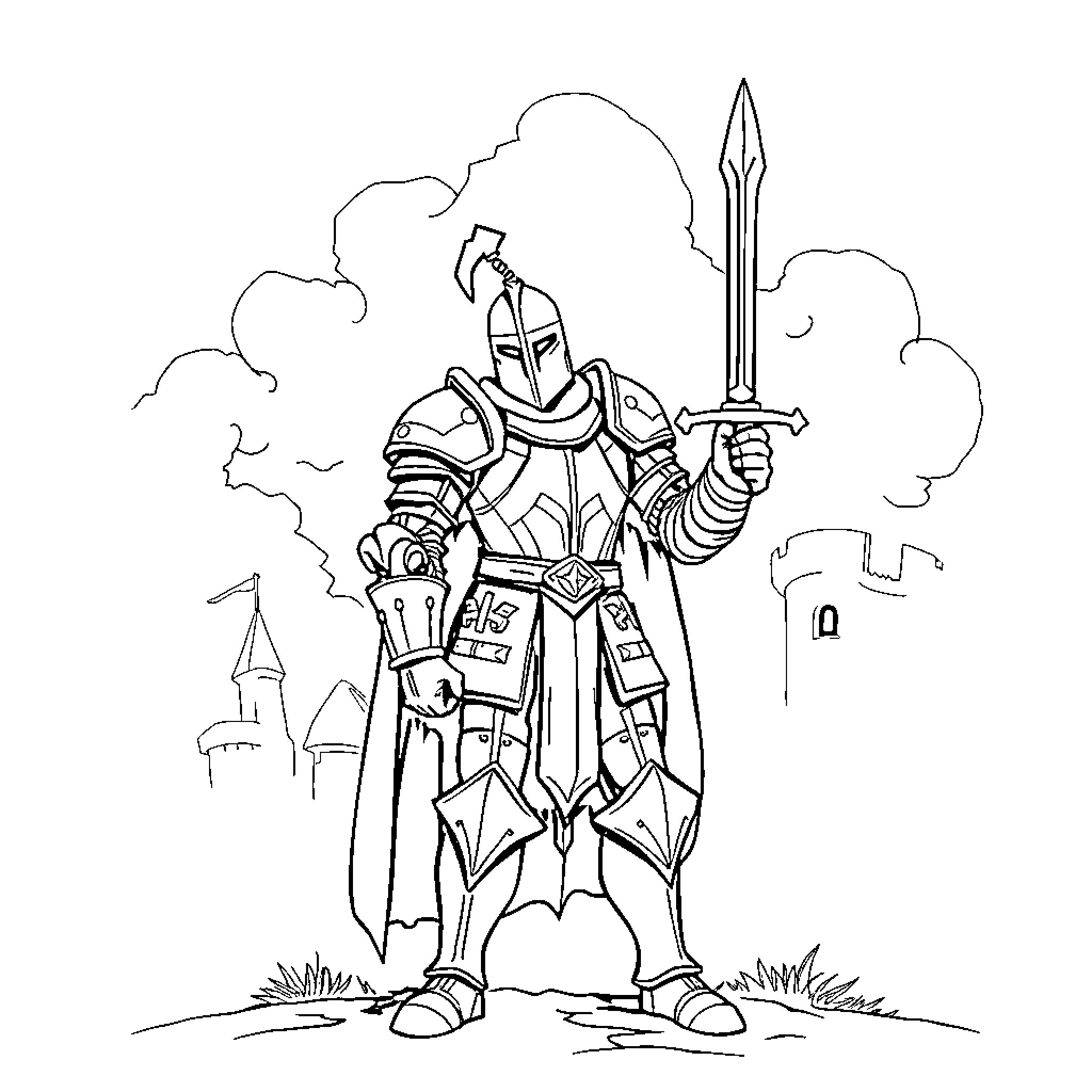 Knight in Shining Armor Wielding Sword Coloring Page (free black-and-white line drawing printable PDF for all, from beginners to advanced learners, including children, teens, adults, and seniors)