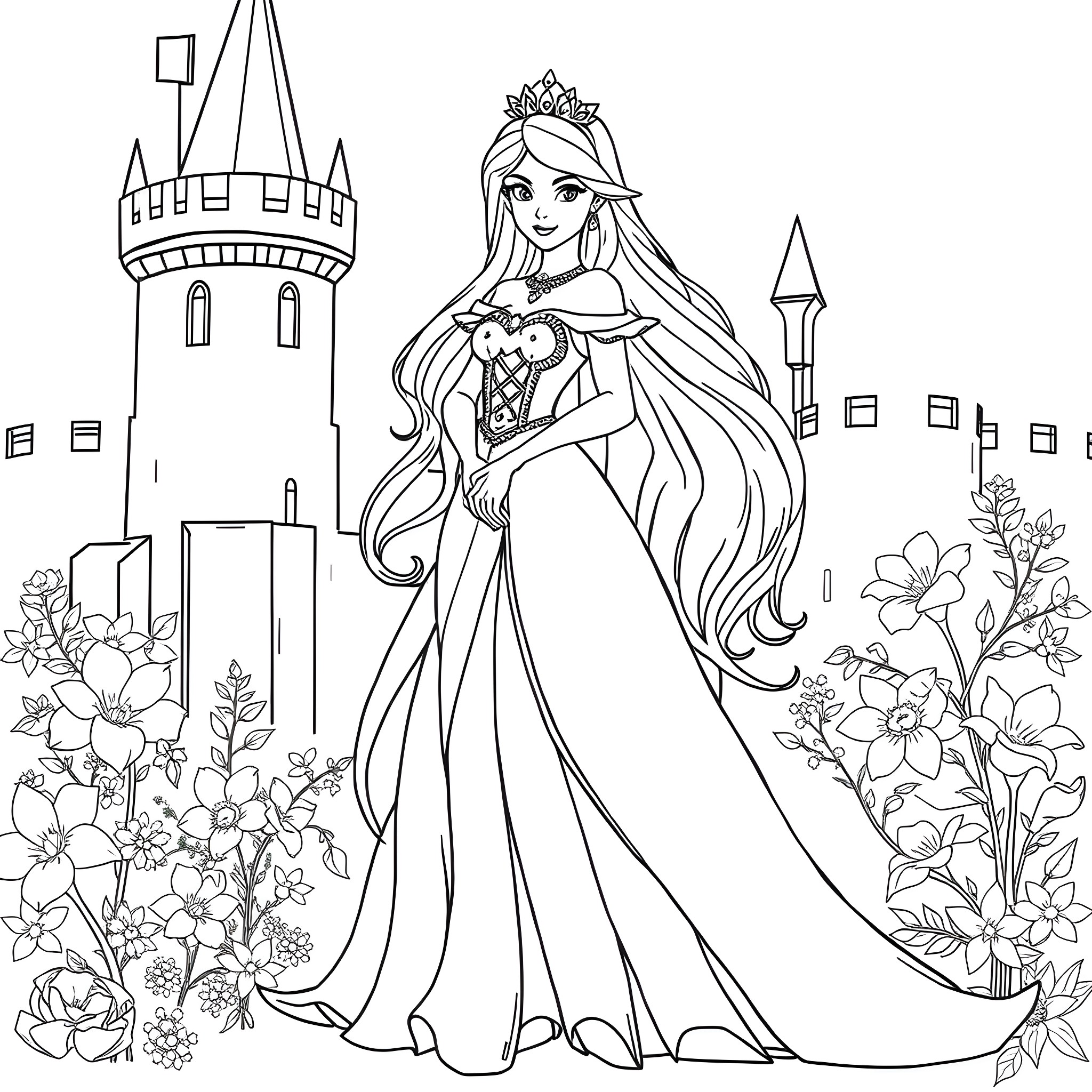 Princess in a Majestic Castle Surrounded by Blooming Flowers Coloring Page (free black-and-white line drawing printable PDF for all, from beginners to advanced learners, including children, teens, adults, and seniors)