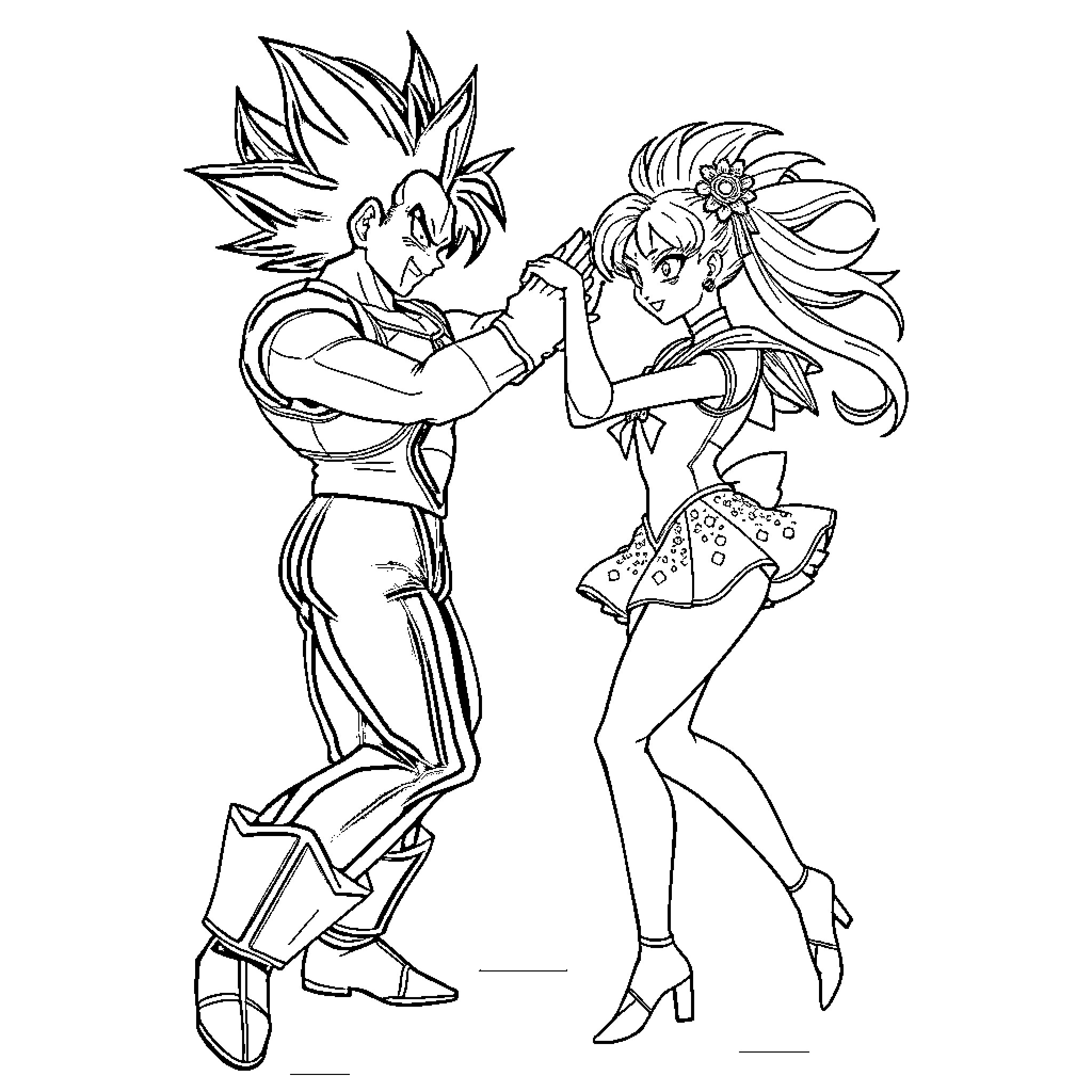 Sailormoon couple in romantic dance Coloring Page (free black-and-white line drawing printable PDF for all, from beginners to advanced learners, including children, teens, adults, and seniors)