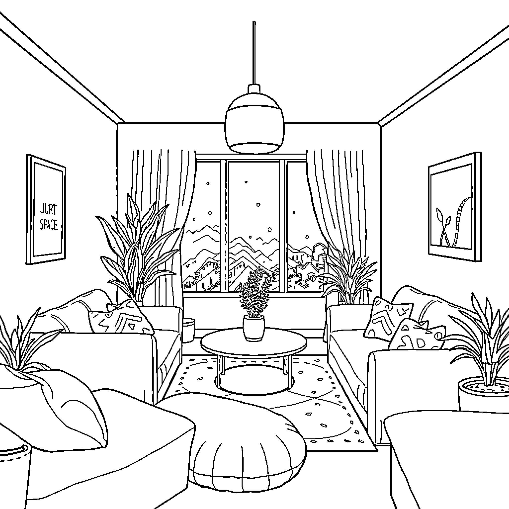Adult relaxing in cozy living room with nature view Coloring Page (free black-and-white line drawing printable PDF for all, from beginners to advanced learners, including children, teens, adults, and seniors)