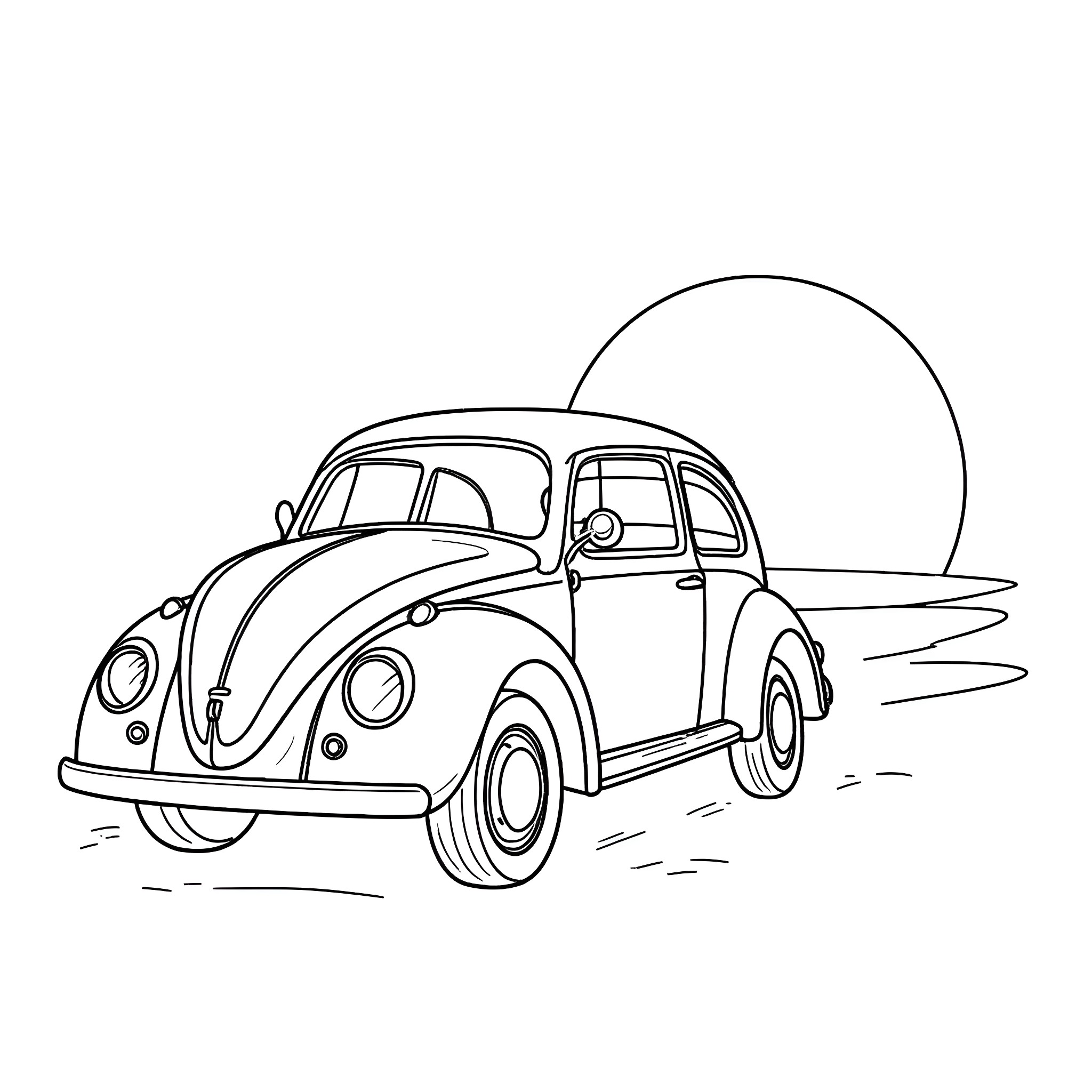 VW Rabbit driving in the countryside Coloring Page (free black-and-white line drawing printable PDF for all, from beginners to advanced learners, including children, teens, adults, and seniors)