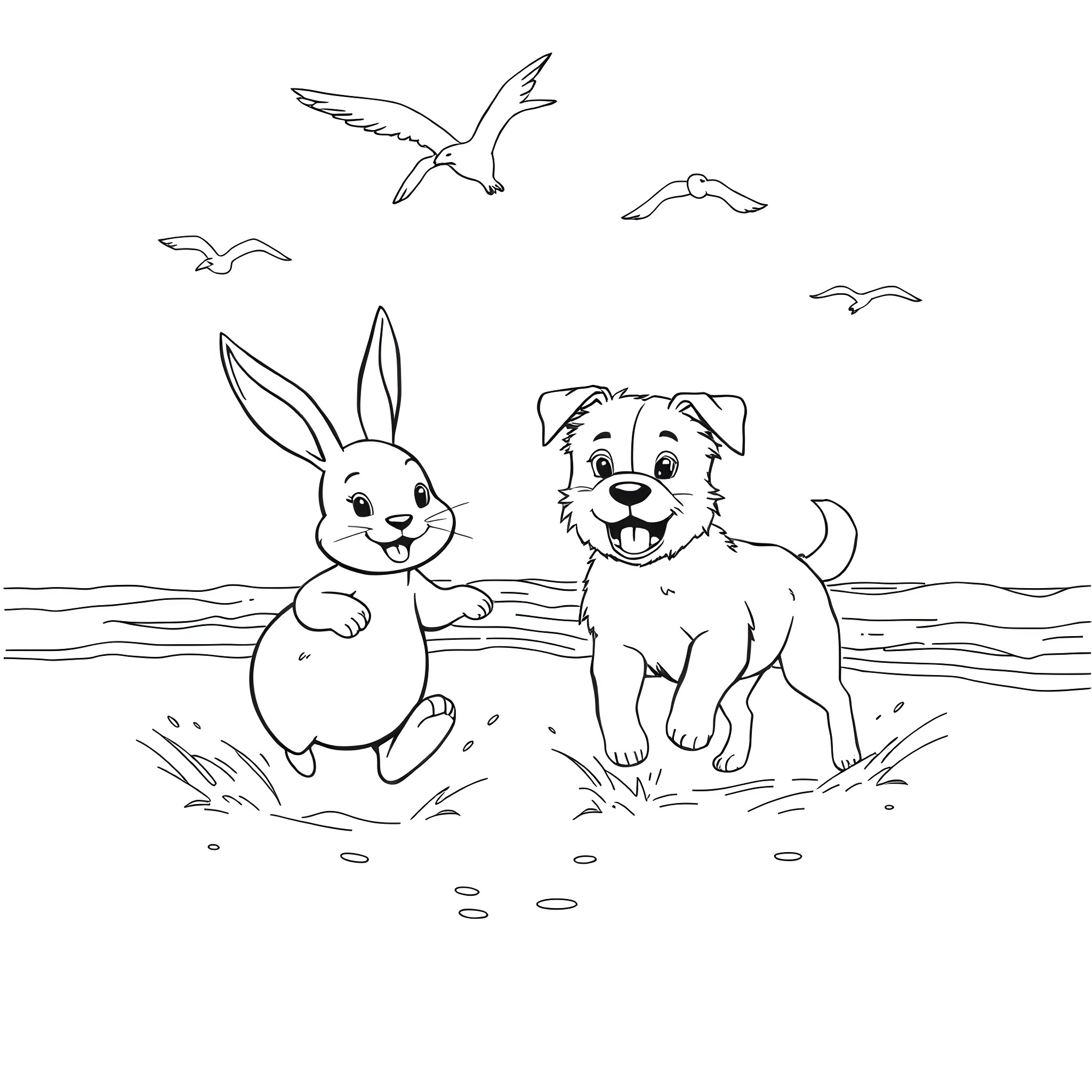 Rabbit and dog playing joyfully on the beach Coloring Page (free black-and-white line drawing printable PDF for all, from beginners to advanced learners, including children, teens, adults, and seniors)