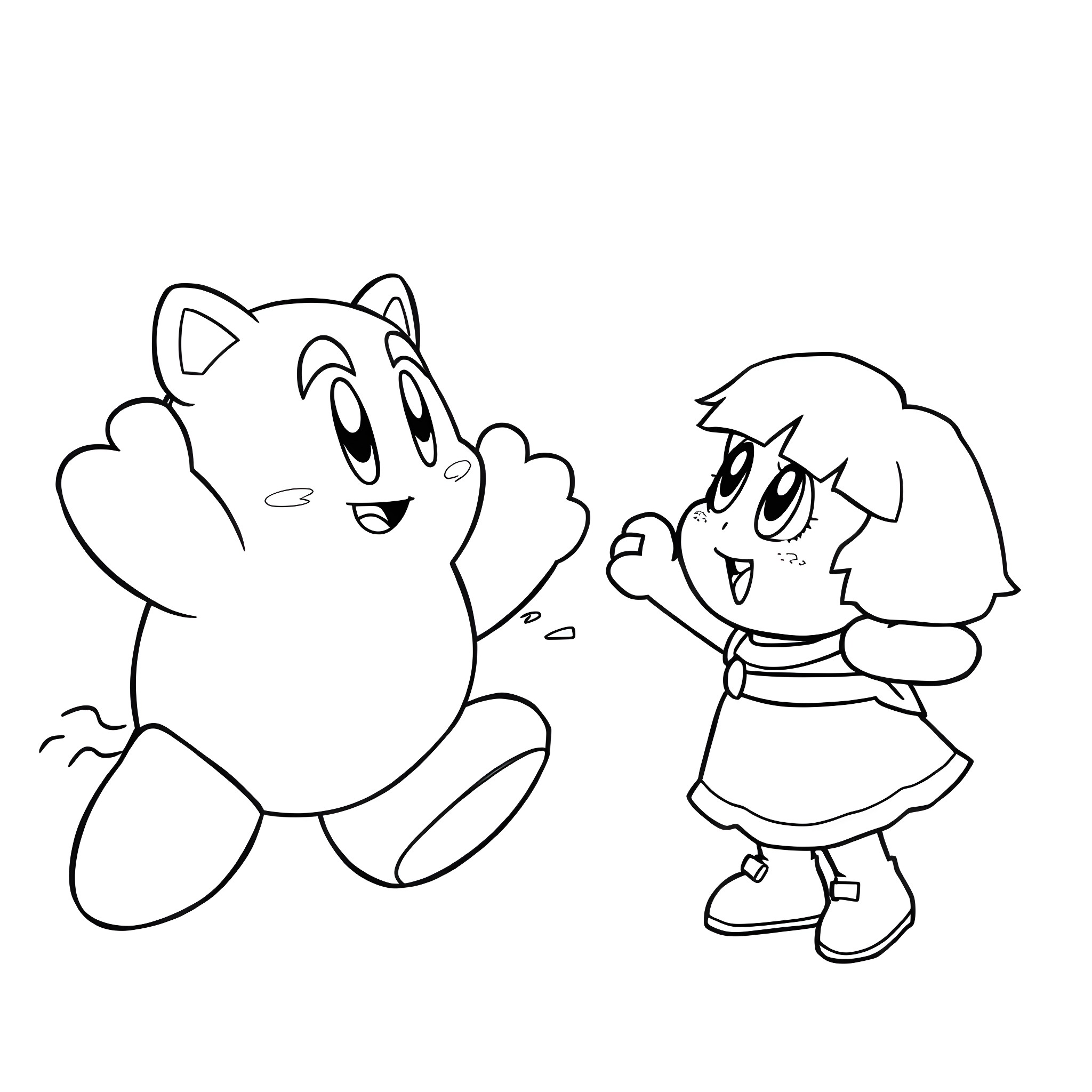 Kirby and friend playing joyfully Coloring Page (free black-and-white line drawing printable PDF for all, from beginners to advanced learners, including children, teens, adults, and seniors)
