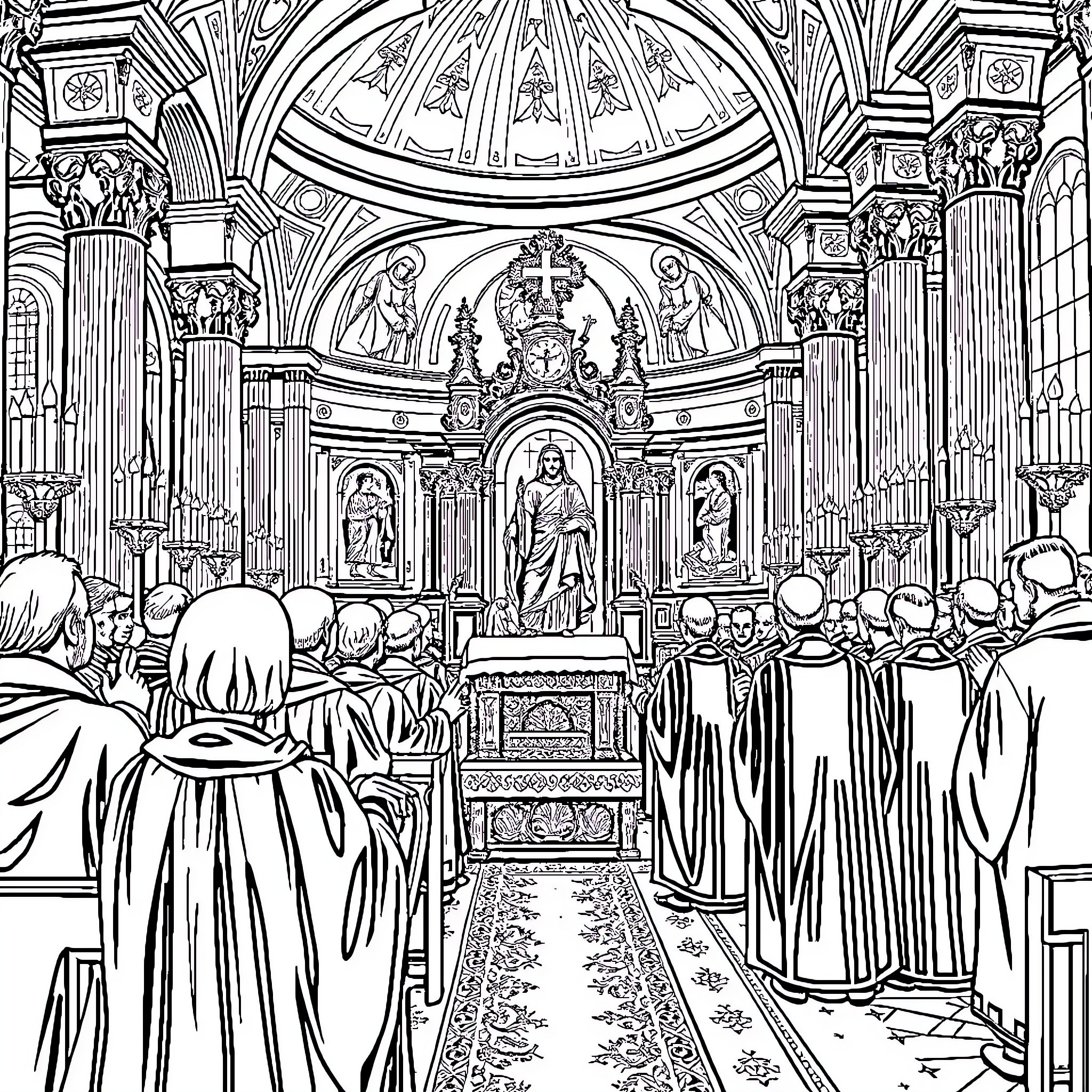 Liturgy in a grand cathedral Coloring Page (free black-and-white line drawing printable PDF for all, from beginners to advanced learners, including children, teens, adults, and seniors)