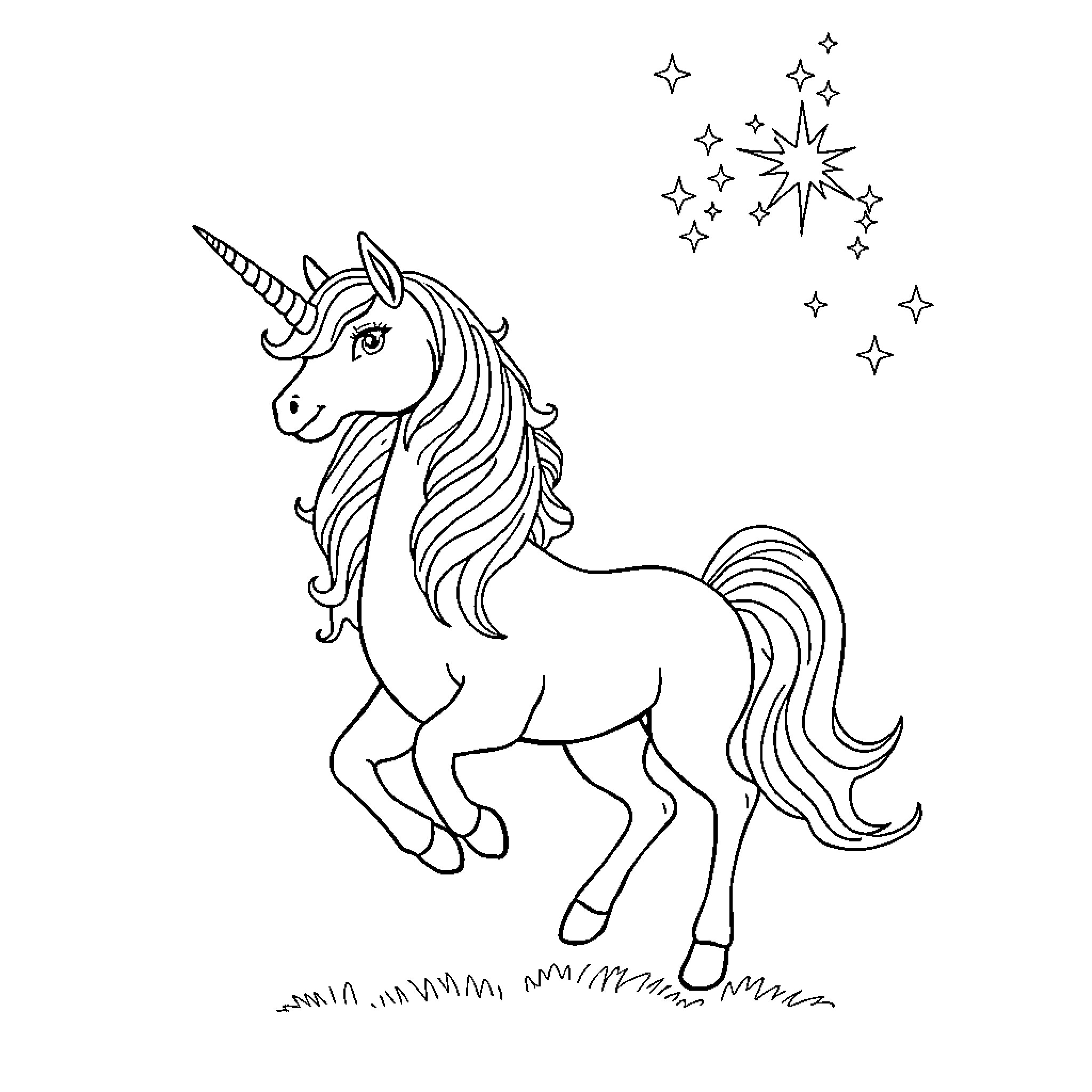 Unicorn prancing among the stars Coloring Page (free black-and-white line drawing printable PDF for all, from beginners to advanced learners, including children, teens, adults, and seniors)