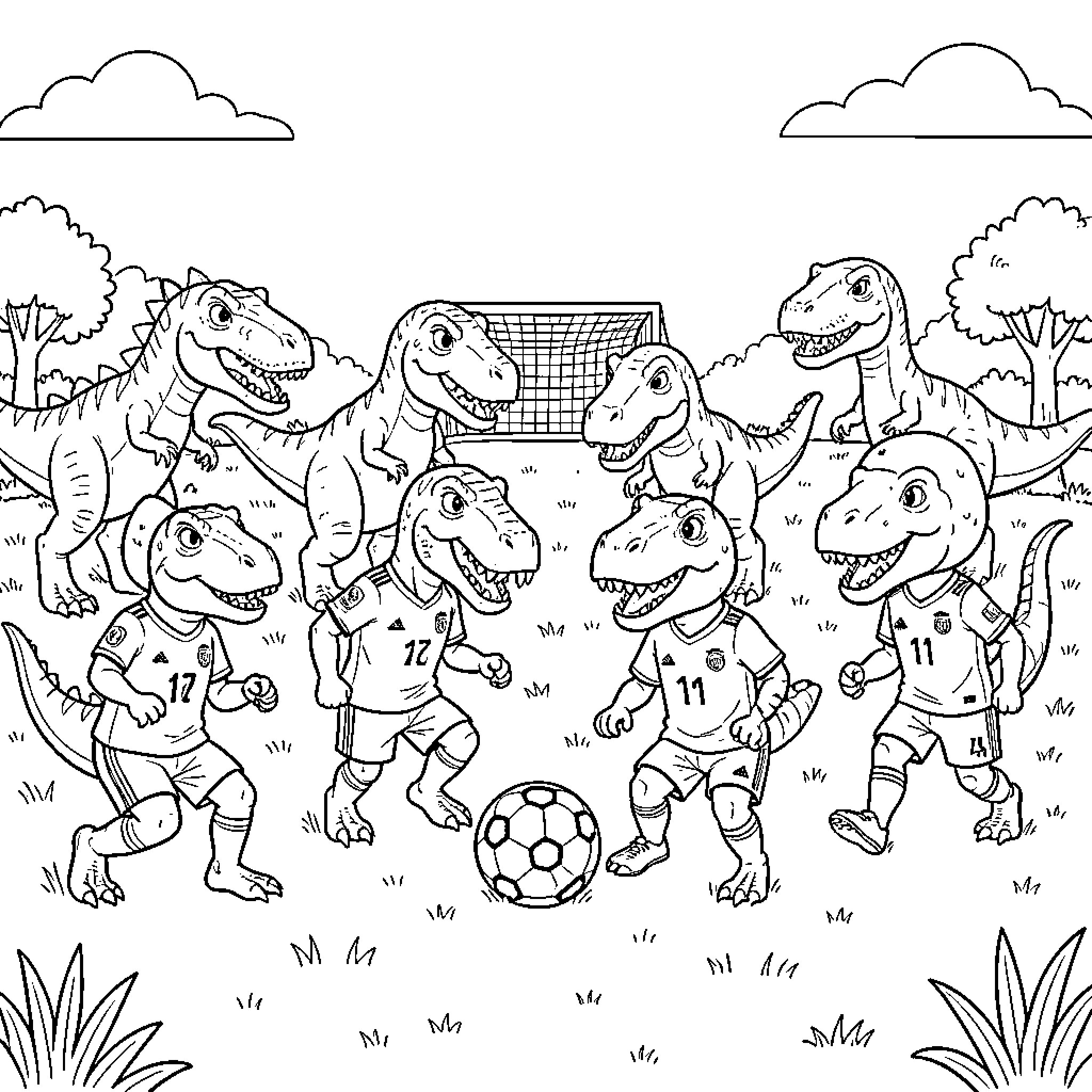 Dinosaur players competing in a soccer match Coloring Page (free black-and-white line drawing printable PDF for all, from beginners to advanced learners, including children, teens, adults, and seniors)