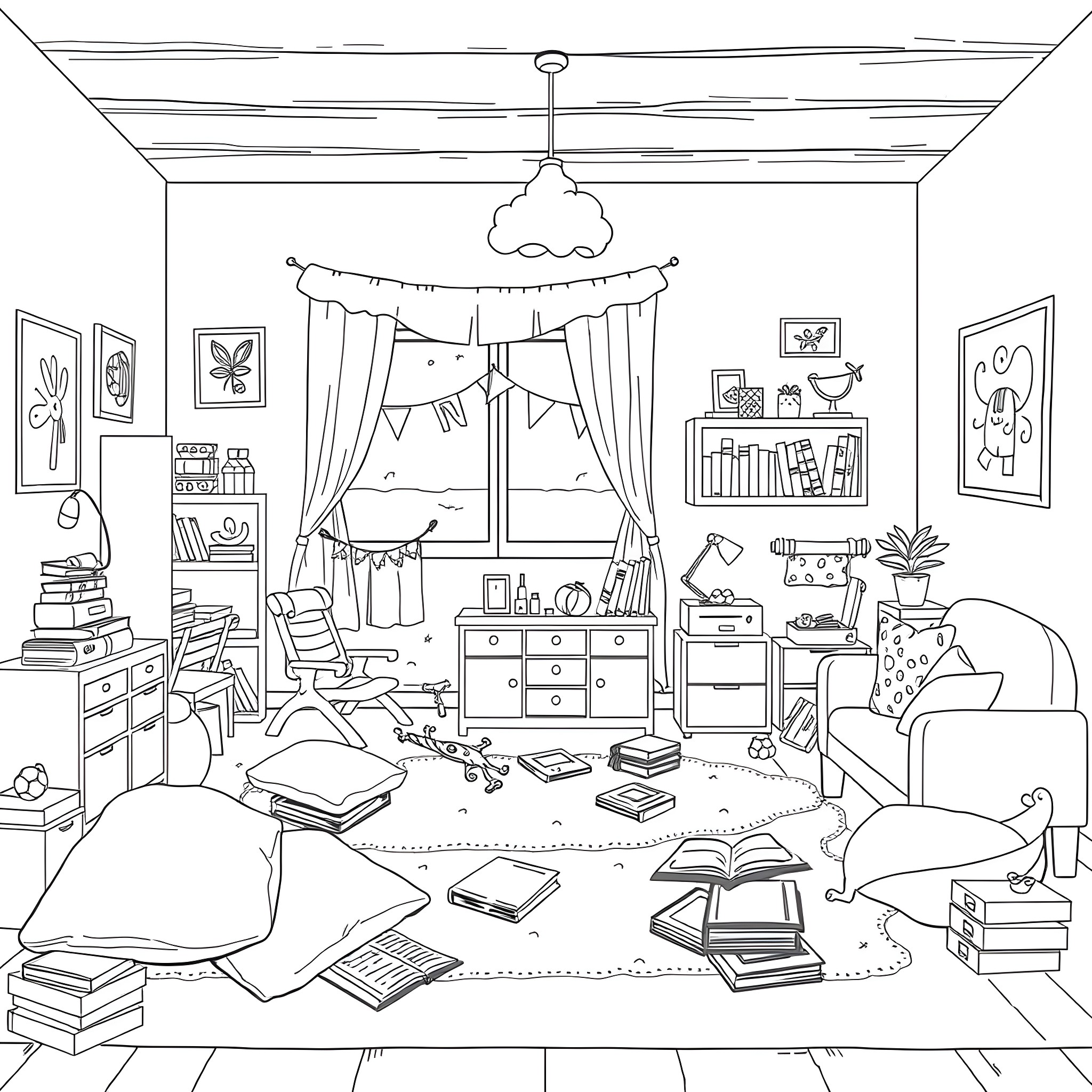 Kid's messy but cozy bedroom with toys and books Coloring Page (free black-and-white line drawing printable PDF for all, from beginners to advanced learners, including children, teens, adults, and seniors)