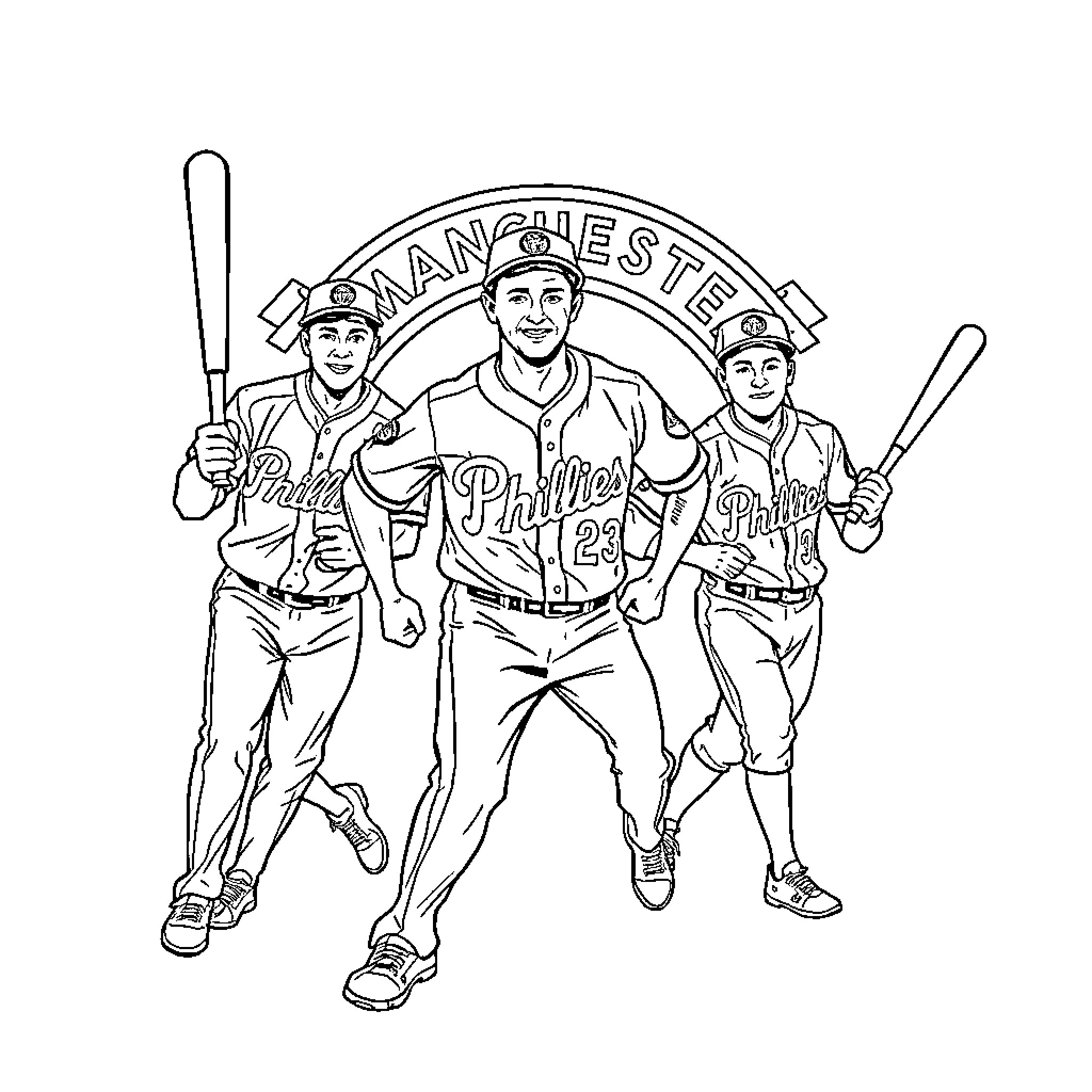 Manchester United baseball players in action Coloring Page (free black-and-white line drawing printable PDF for all, from beginners to advanced learners, including children, teens, adults, and seniors)