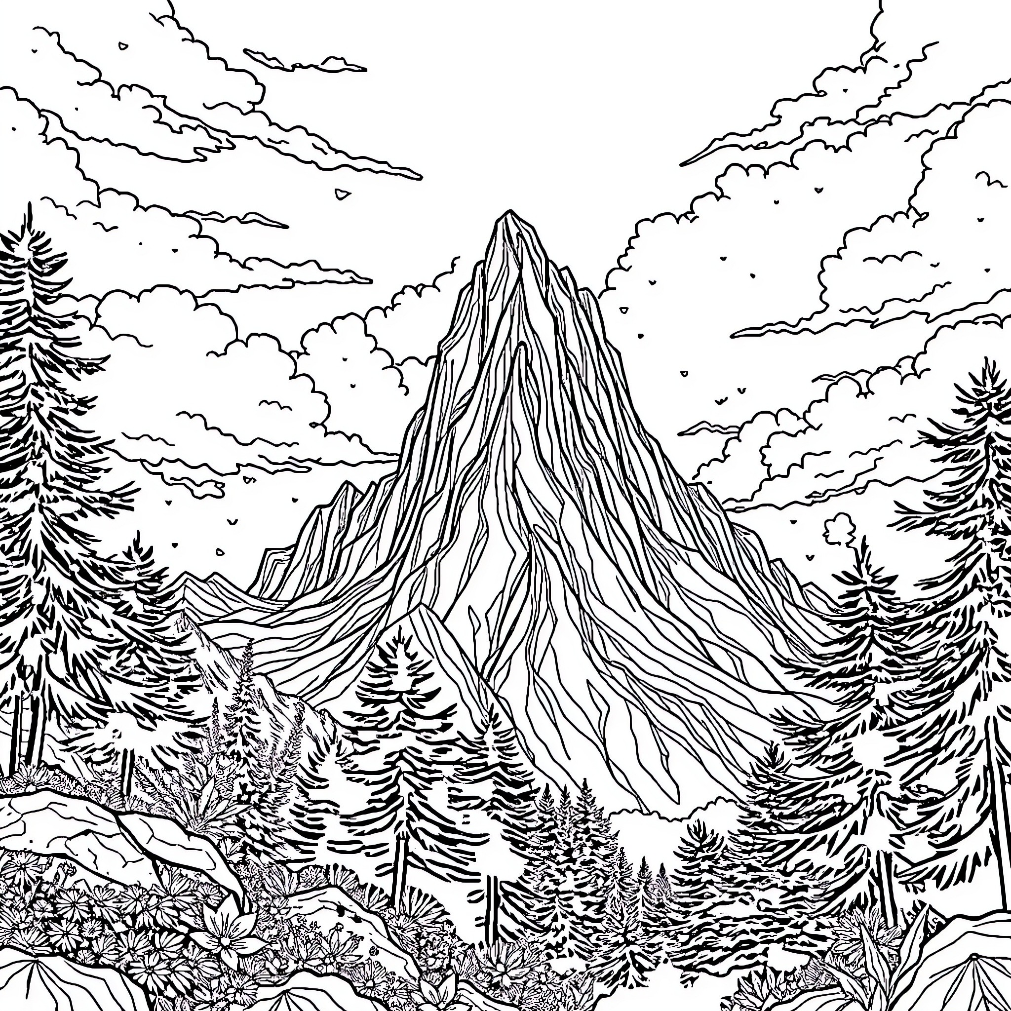 Mountain scene with towering peaks and pine forests Coloring Page (free black-and-white line drawing printable PDF for all, from beginners to advanced learners, including children, teens, adults, and seniors)