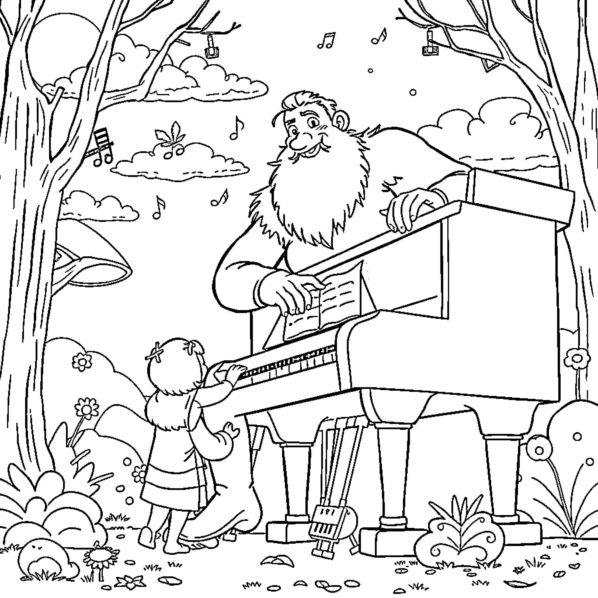 Giant Furry Musician Entertains Joyful Child in Forest Coloring Page (free black-and-white line drawing printable PDF for all, from beginners to advanced learners, including children, teens, adults, and seniors)