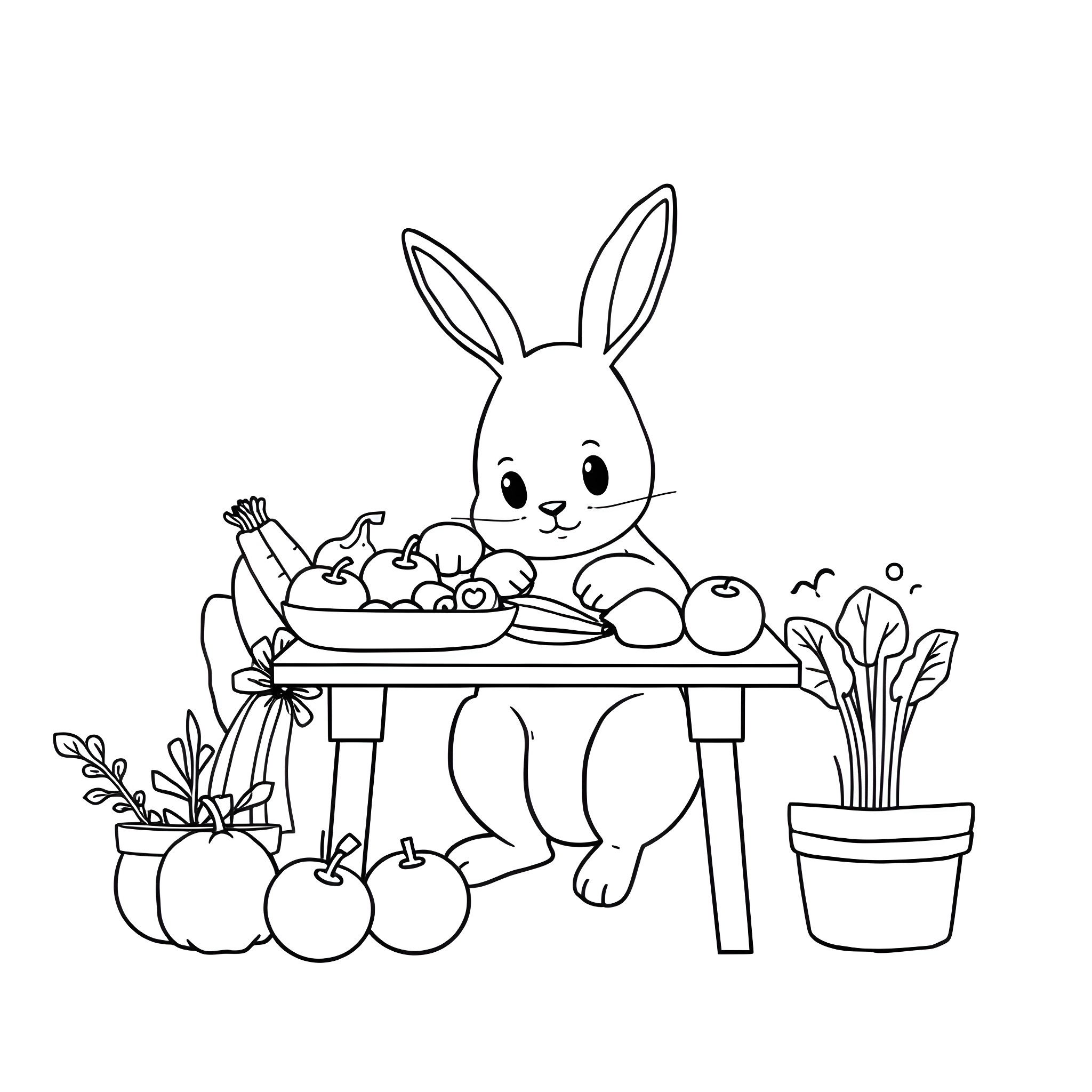 Rabbit enjoying a vegetable feast on a table Coloring Page (free black-and-white line drawing printable PDF for all, from beginners to advanced learners, including children, teens, adults, and seniors)