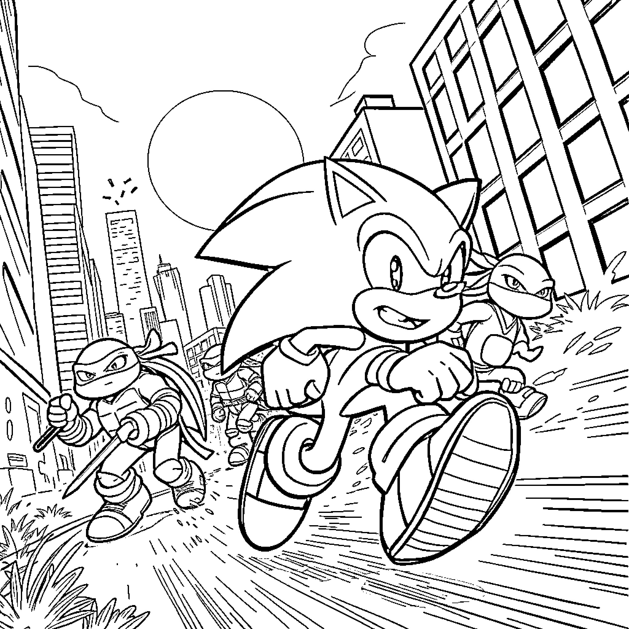 Sonic racing through the city with companions Coloring Page (free black-and-white line drawing printable PDF for all, from beginners to advanced learners, including children, teens, adults, and seniors)