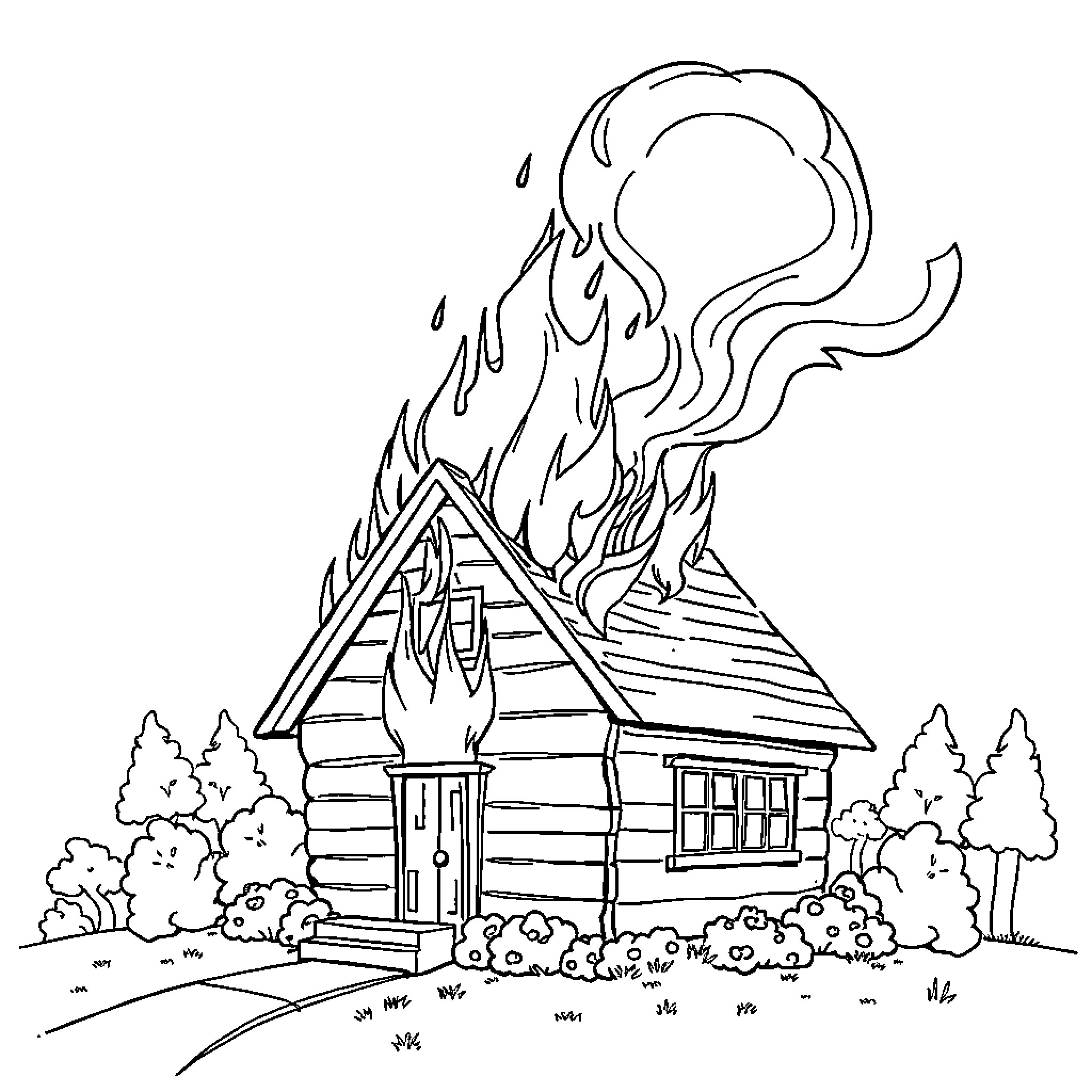 House Engulfed in Flames in Rural Landscape Coloring Page (free black-and-white line drawing printable PDF for all, from beginners to advanced learners, including children, teens, adults, and seniors)